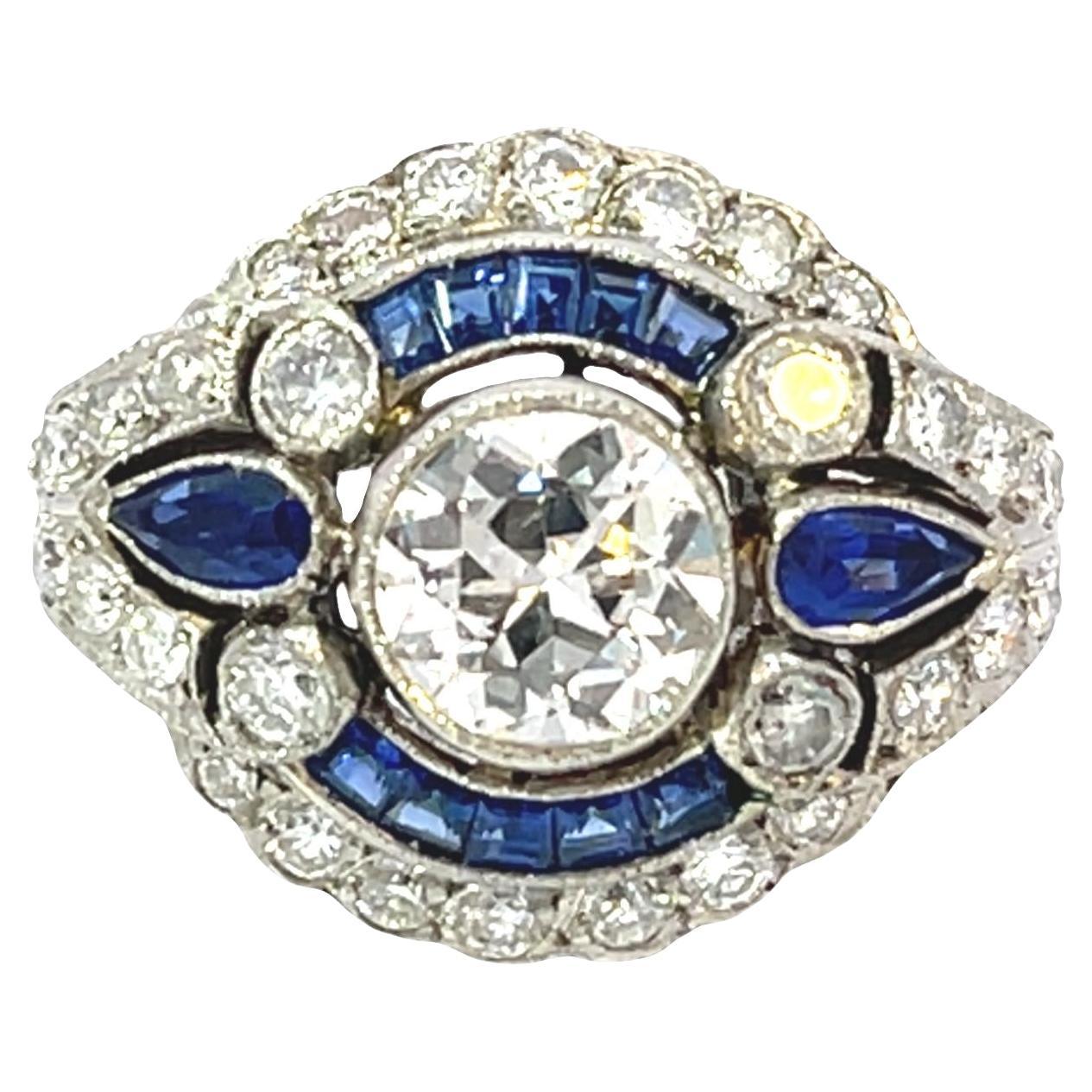 Bague Art déco en platine avec saphir de Ceylan et diamant