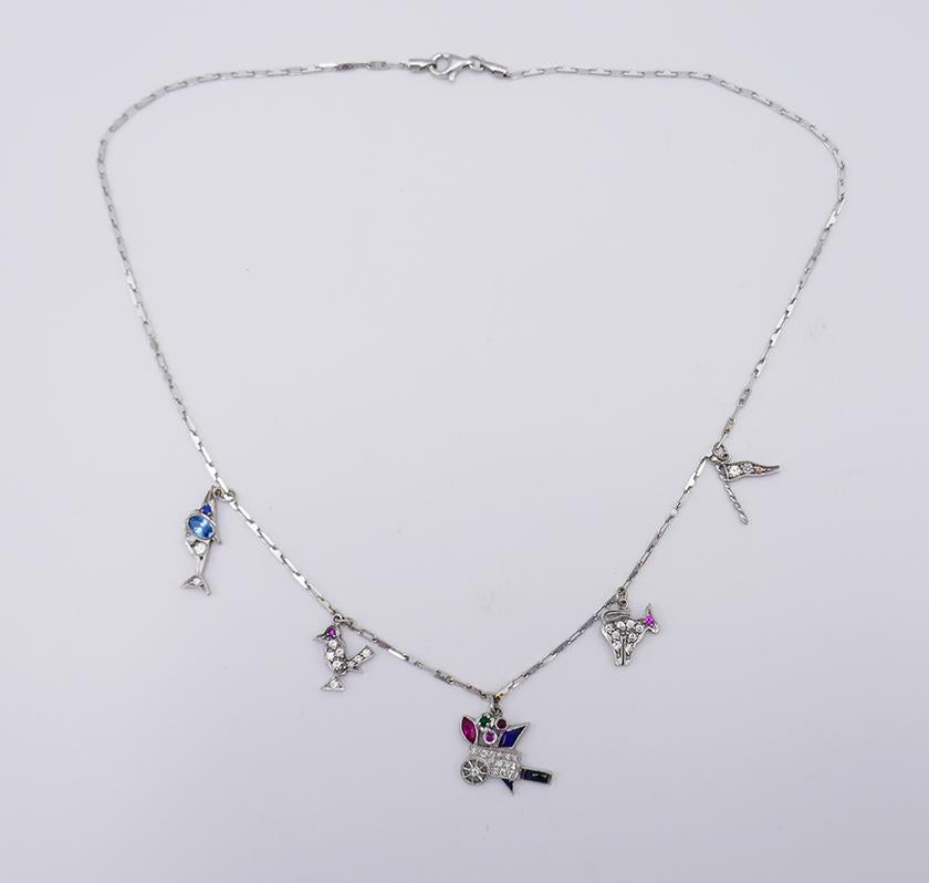 Mixed Cut Art Deco Platinum Charm Necklace on White Gold Chain