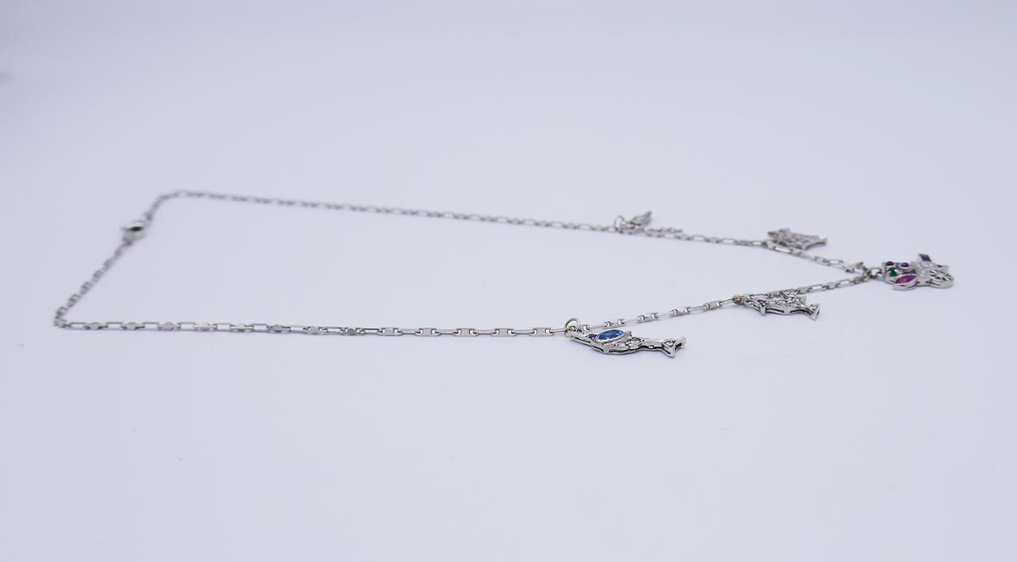 Women's Art Deco Platinum Charm Necklace on White Gold Chain