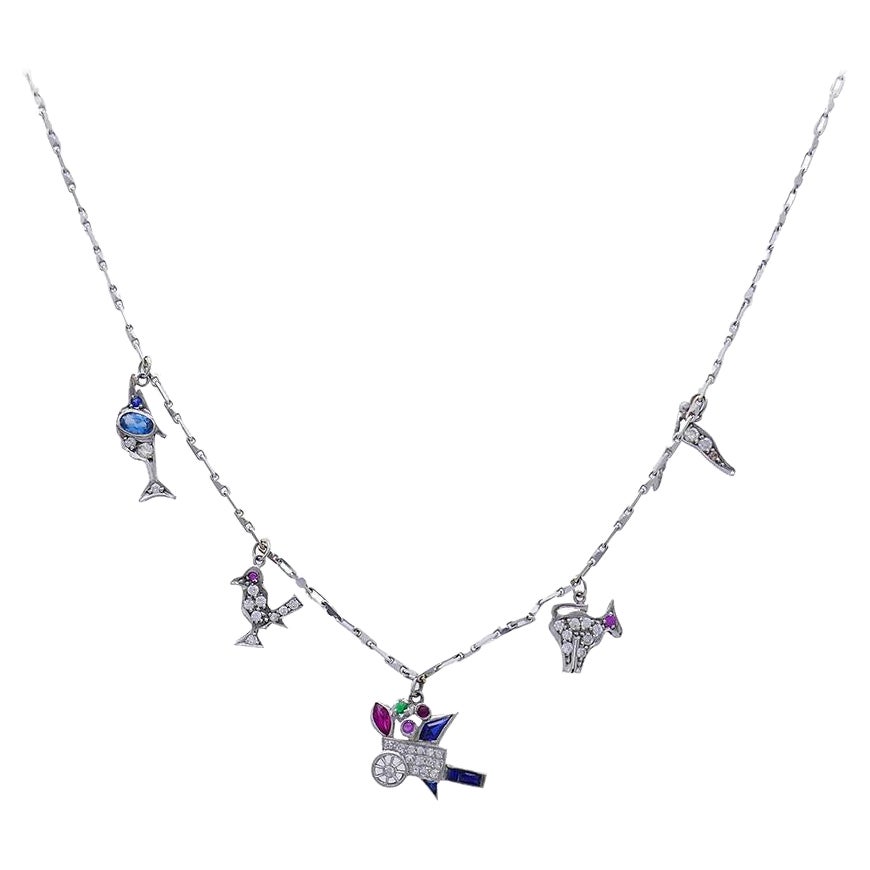 Art Deco Platinum Charm Necklace on White Gold Chain