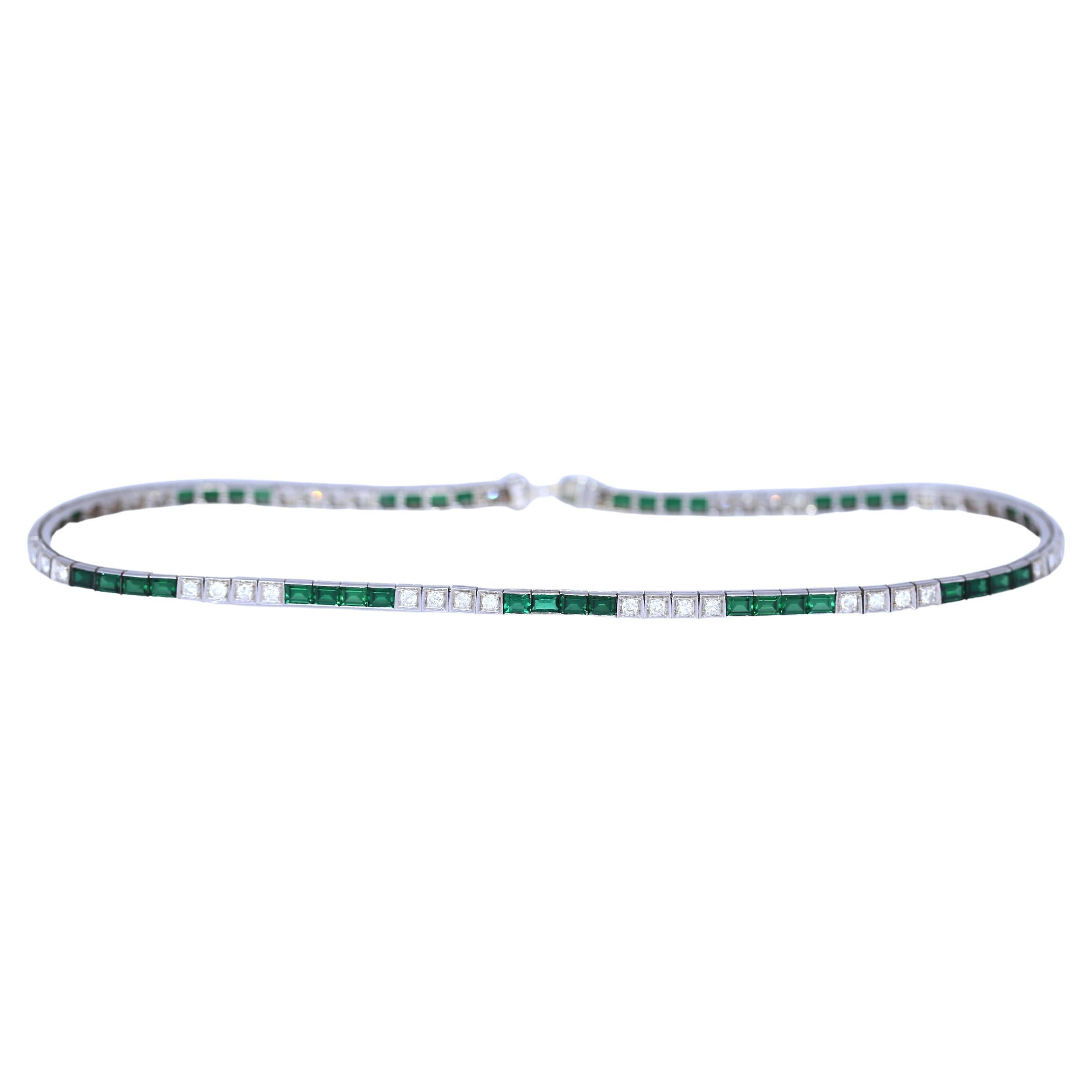Art Deco Platinum Choker Necklace Diamonds Tourmalines, 1920 In Fair Condition In Herzelia, Tel Aviv