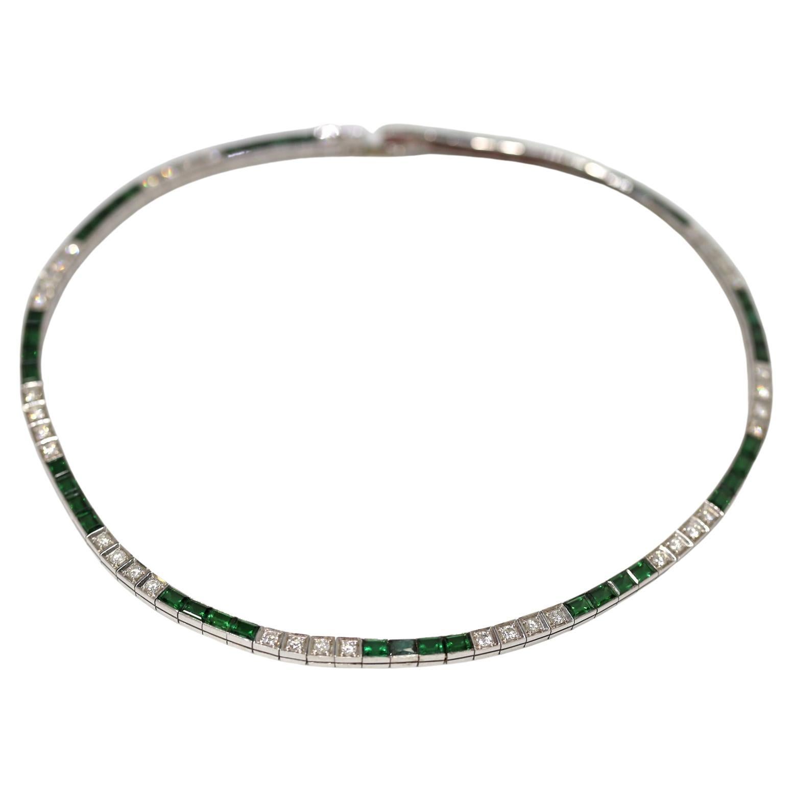 Round Cut Art Deco Platinum Choker Necklace Diamonds Tourmalines, 1920