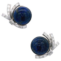 Art Deco Platinum Clip-on Earrings with Diamonds & Lapis lazuli