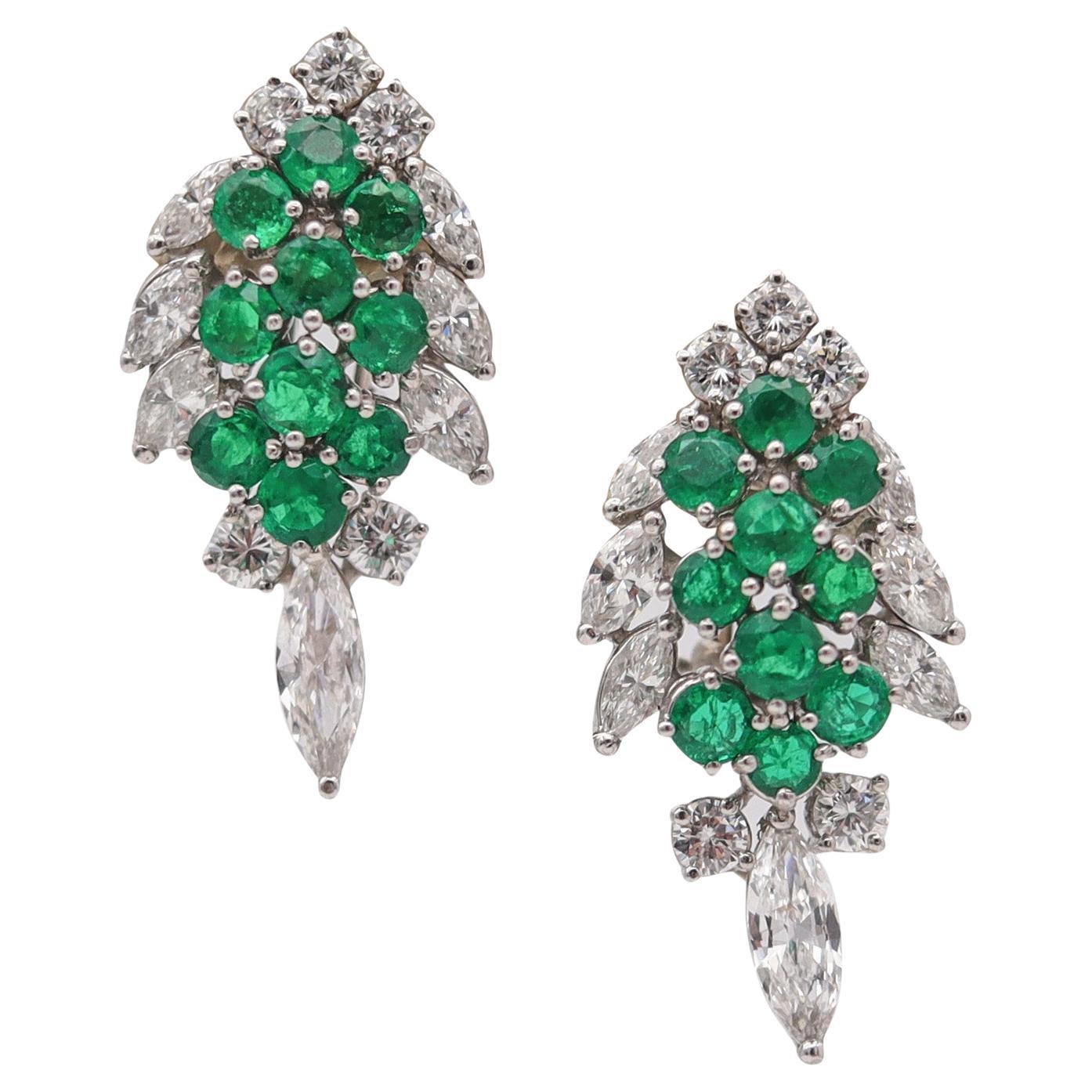 ART-DECO Platinum Clips-On Clusters Earrings With 6.24 Ctw Diamonds & Emeralds