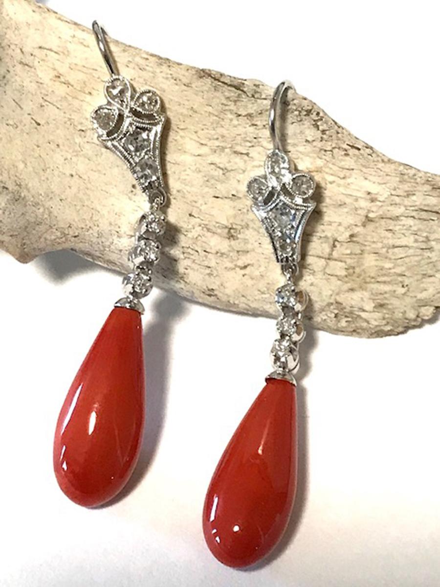 Mid-20th Century Art Deco Platinum Coral and Diamond Drop Earrings