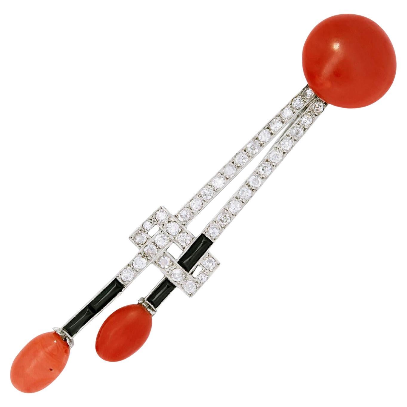 Spilla/pendente Art Deco in platino con corallo, onice e diamanti in vendita