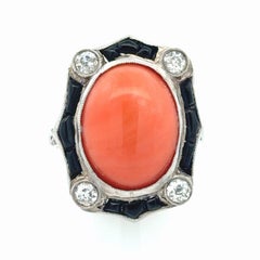 Art Deco Platinum Coral Onyx Diamond Ring