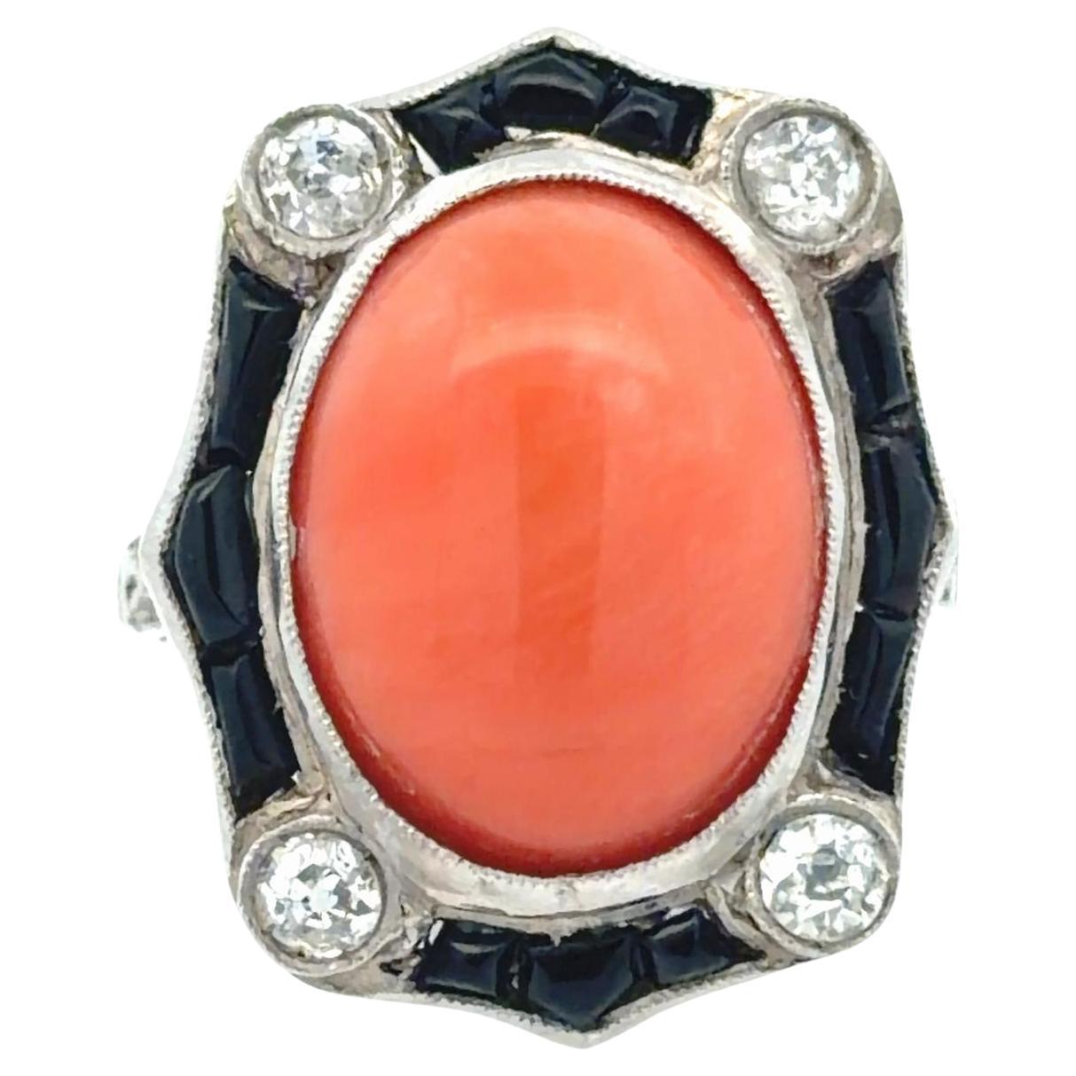 Art Deco Platinum Coral Onyx Diamond Ring