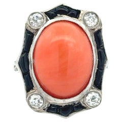 Art Deco Platinum Coral Onyx Diamond Ring