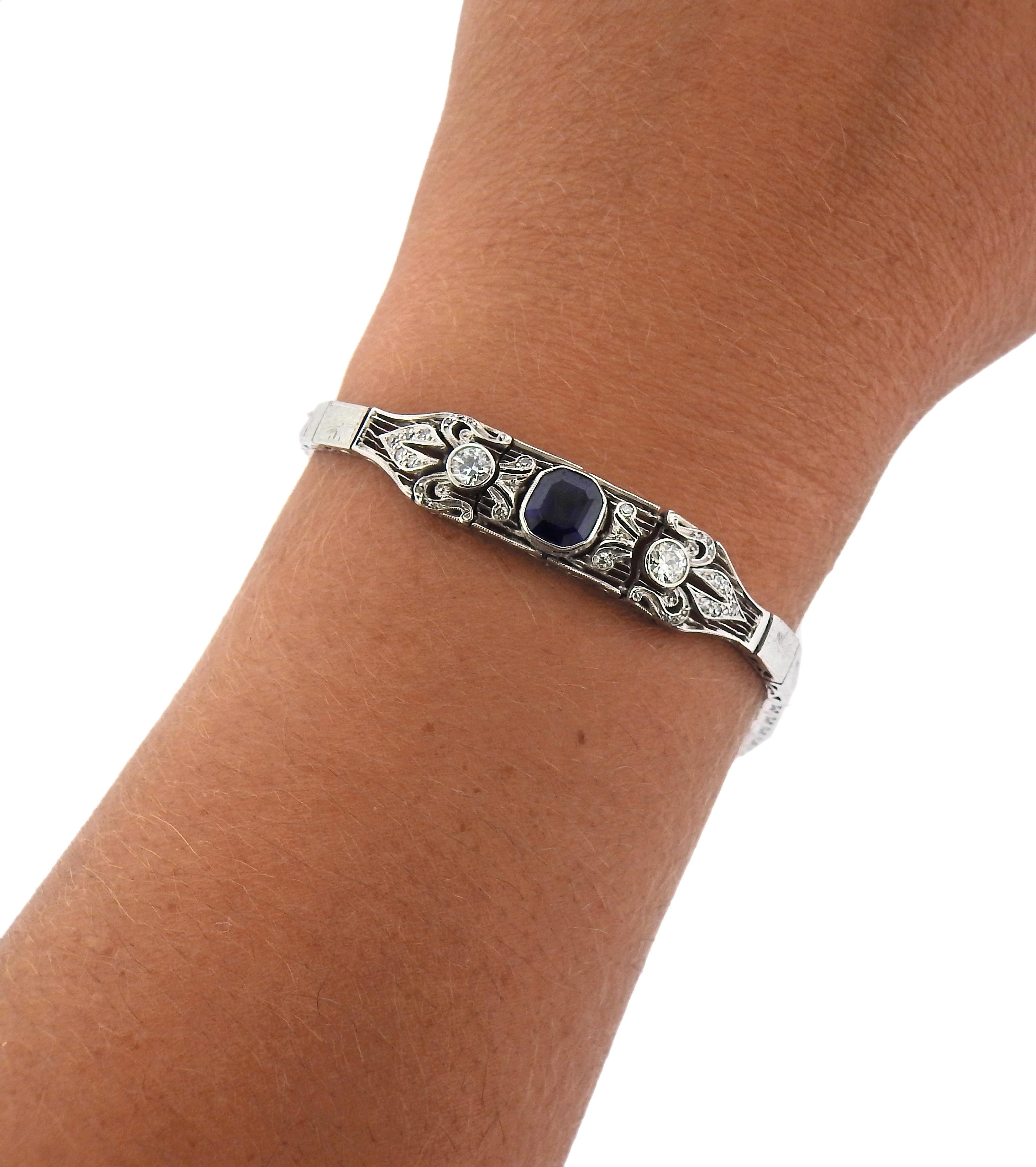 Cushion Cut Art Deco Platinum Damond Sapphire Bracelet For Sale