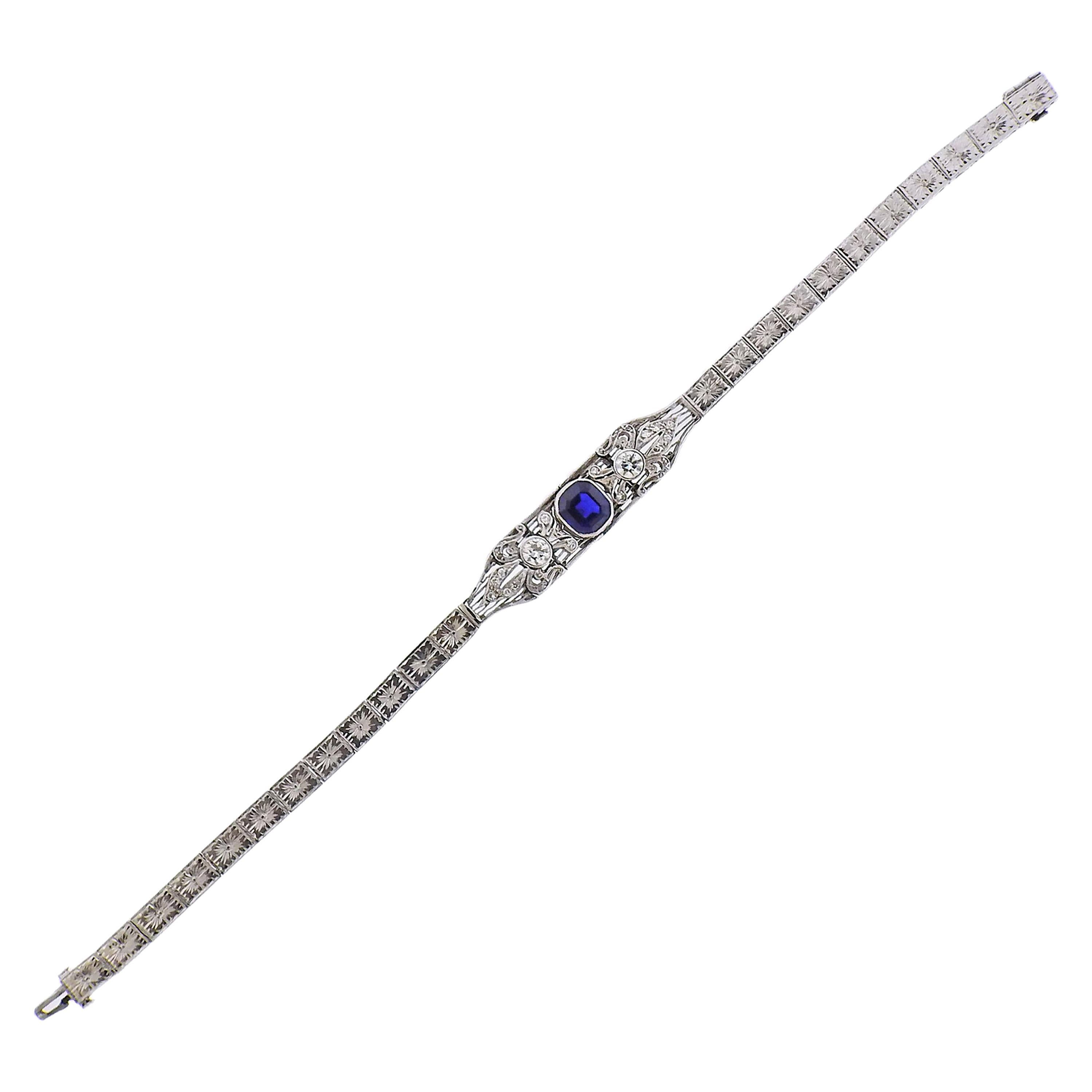 Art Deco Platinum Damond Sapphire Bracelet For Sale
