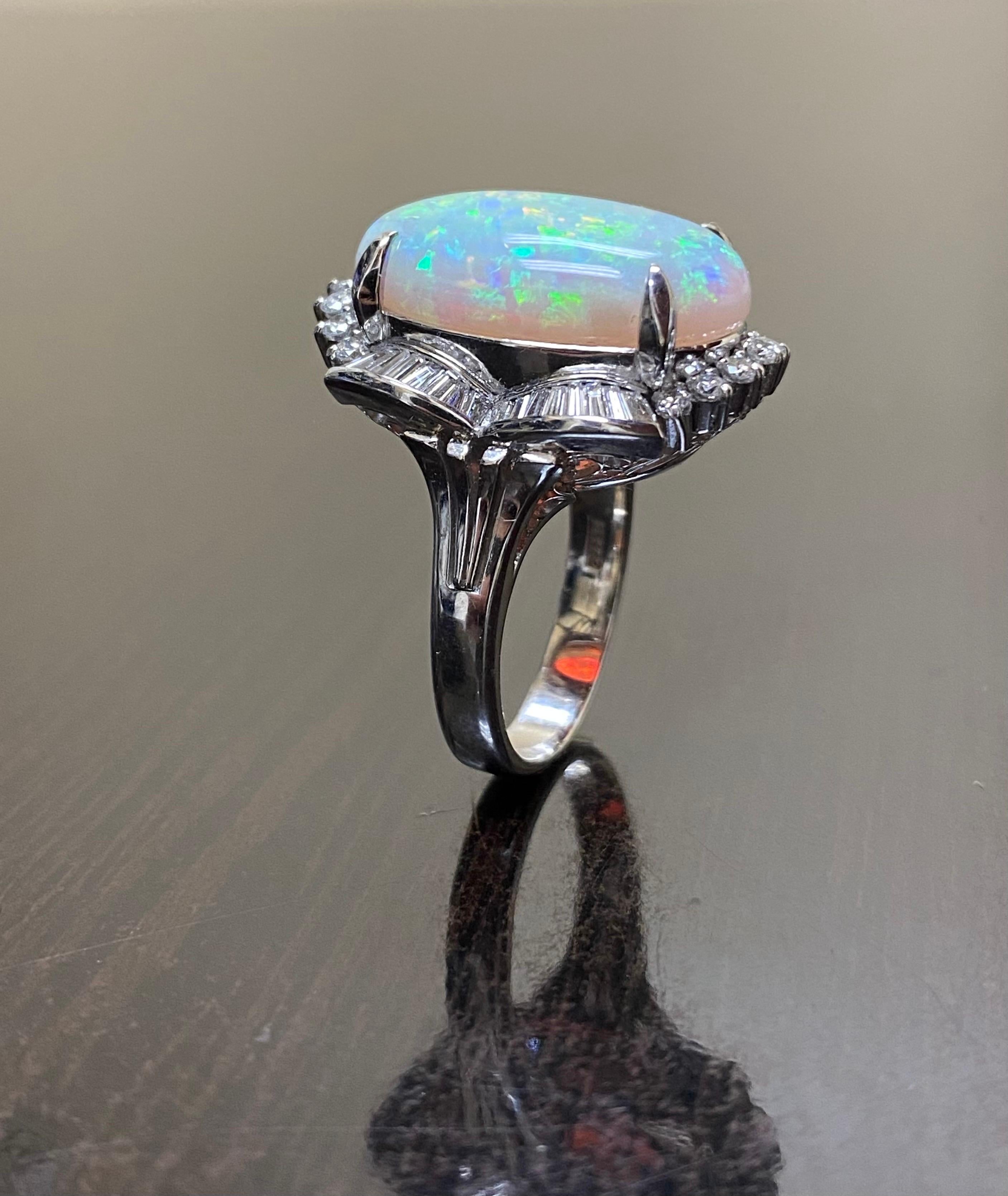 Oval Cut Art Deco Platinum Diamond 10.77 Carat Australian Opal Engagement Ring For Sale