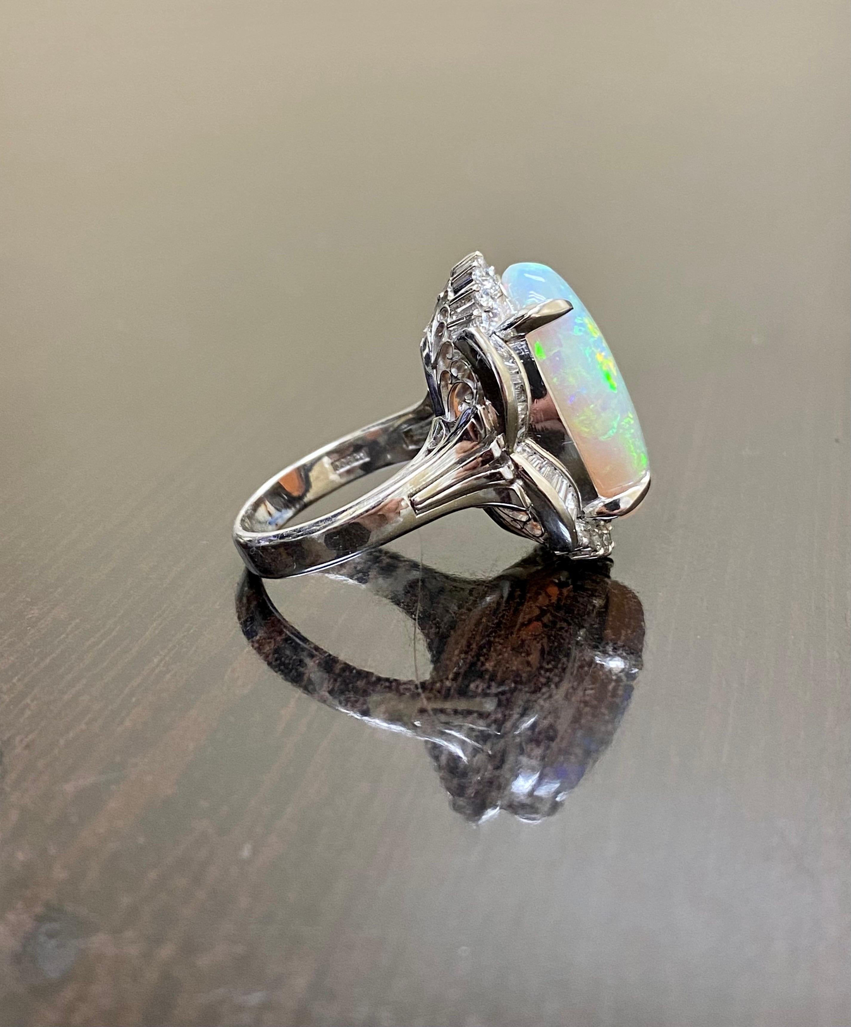 Art Deco Platinum Diamond 10.77 Carat Australian Opal Engagement Ring In New Condition For Sale In Los Angeles, CA