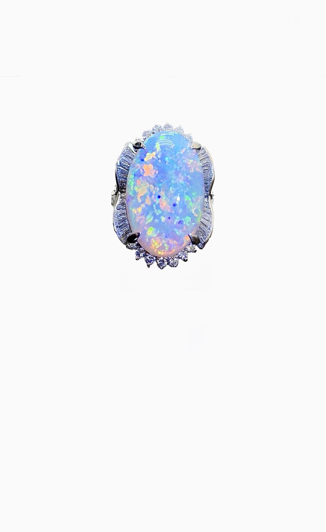 Art Deco Platinum Diamond 10.77 Carat Australian Opal Engagement Ring For Sale 1