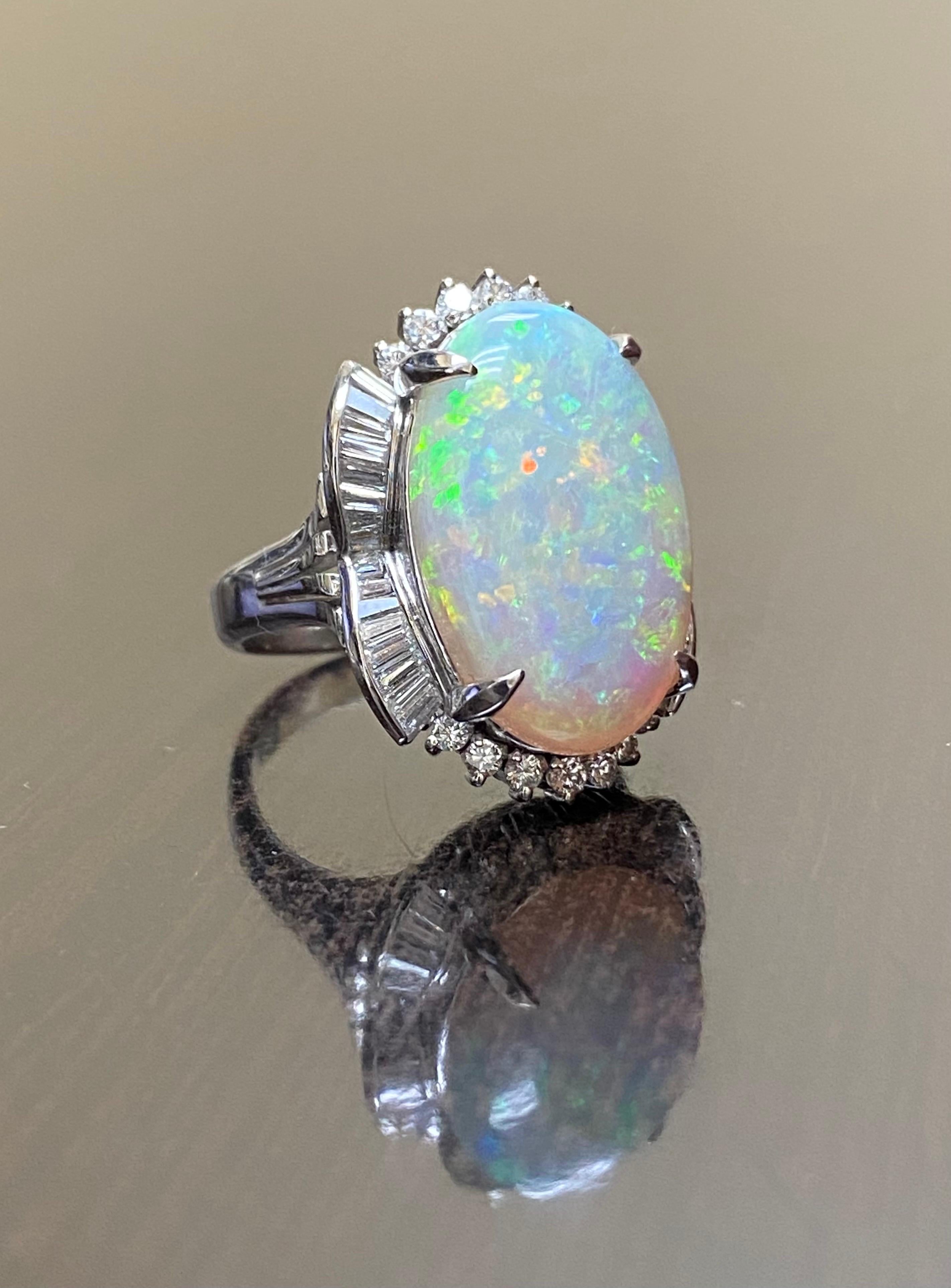 Art Deco Platinum Diamond 10.77 Carat Australian Opal Engagement Ring For Sale 4