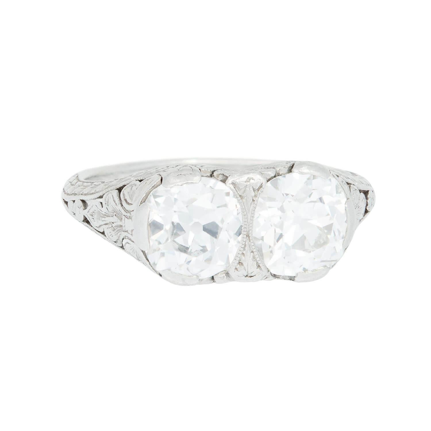 Old European Cut Art Deco Platinum Diamond 2 Stone Engagement Ring 1.80ctw For Sale