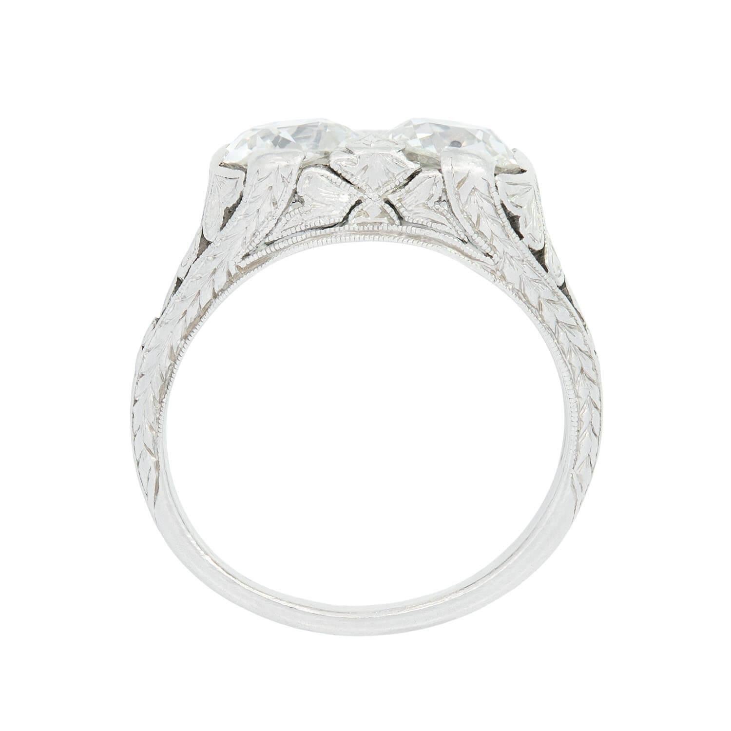 Women's Art Deco Platinum Diamond 2 Stone Engagement Ring 1.80ctw For Sale