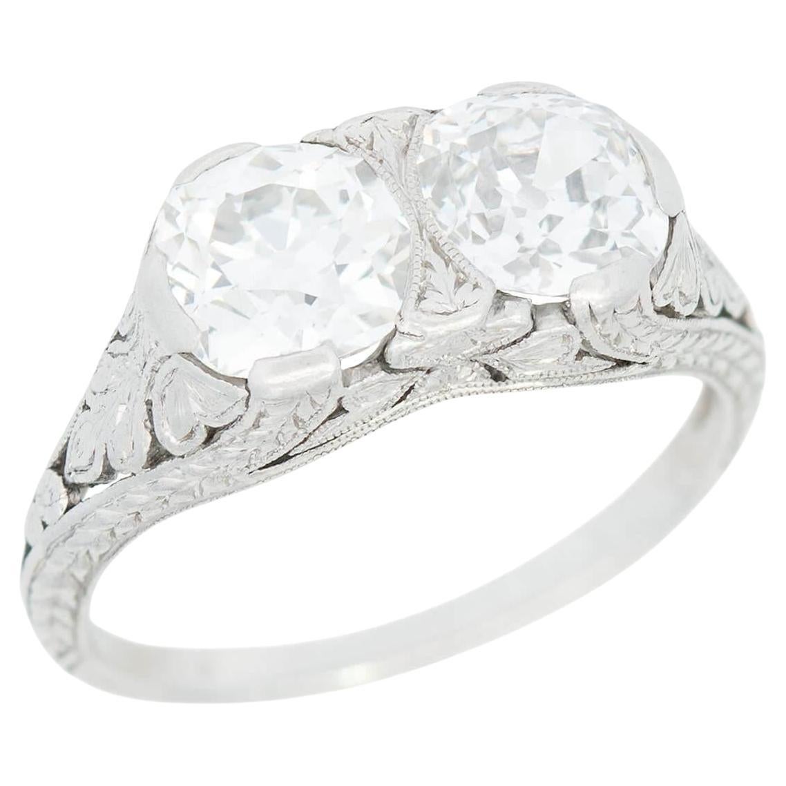 Art Deco Platinum Diamond 2 Stone Engagement Ring 1.80ctw For Sale