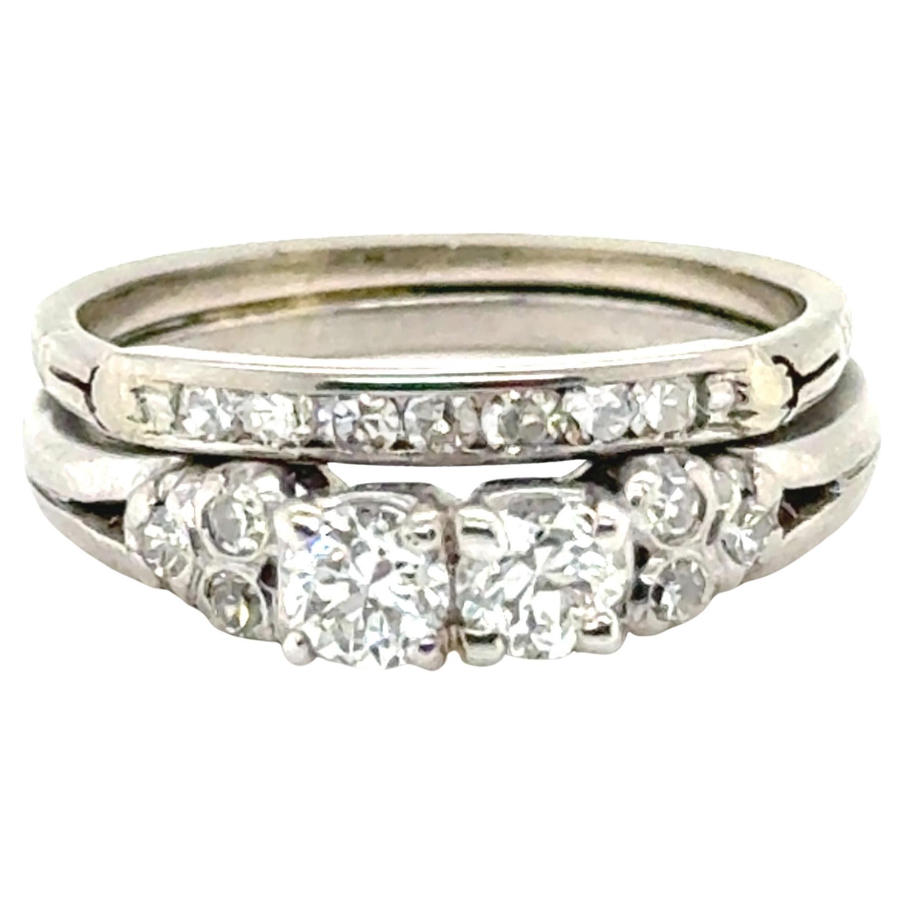 Anillo de boda Art Déco de platino con 2 diamantes y 0,75 ct original 194