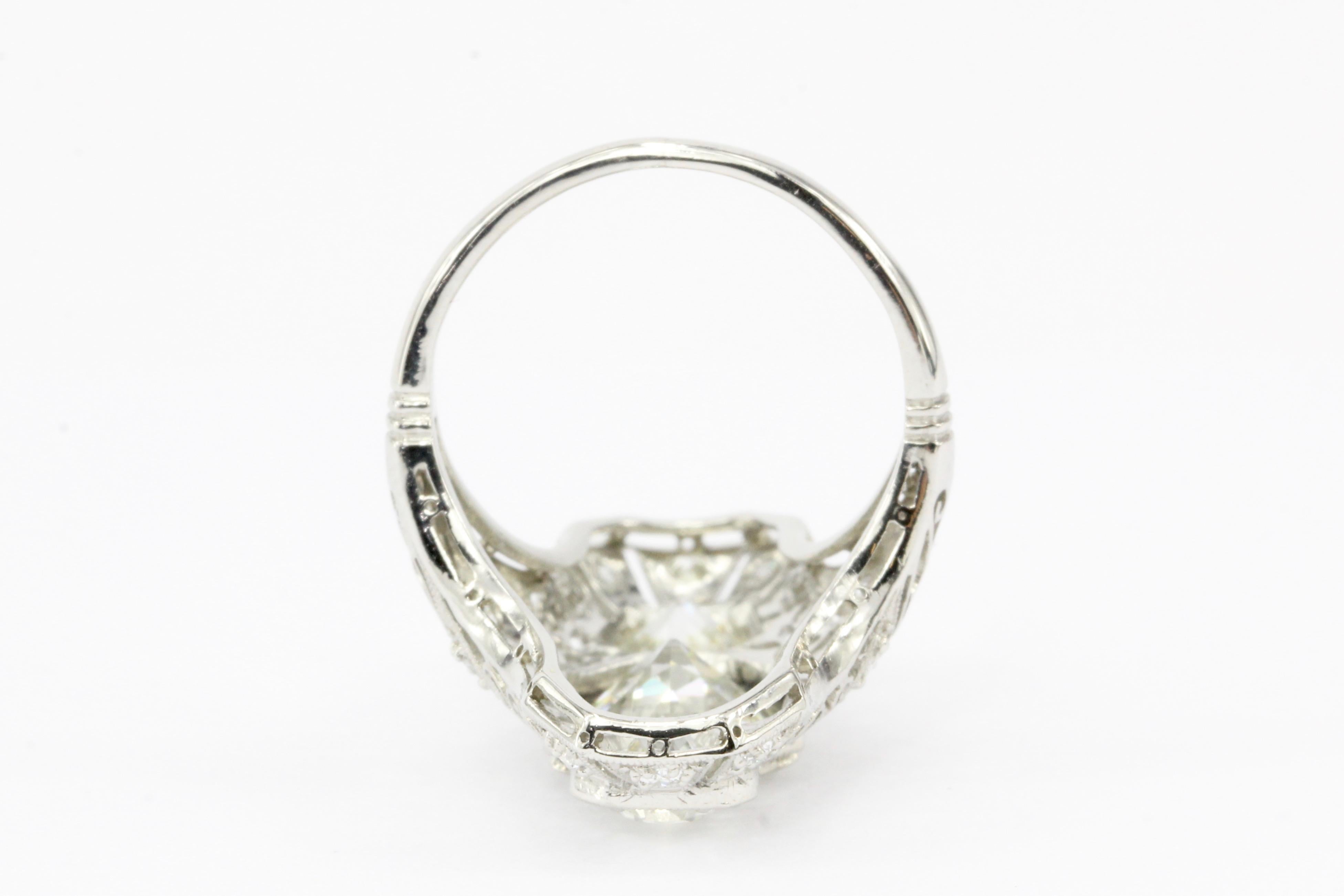 Women's Art Deco Platinum Diamond 2.82 Carat Shield Ring