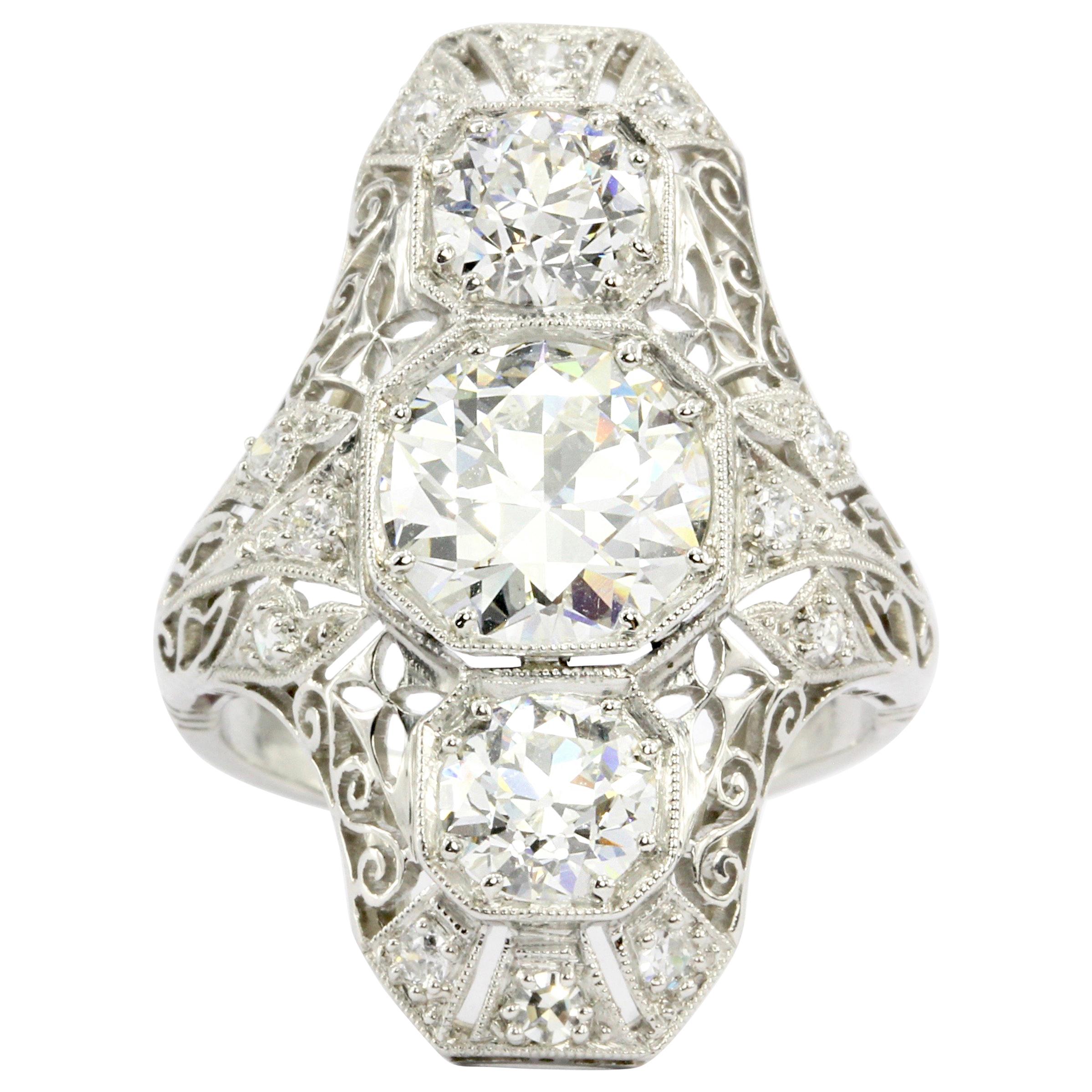 Art Deco Platinum Diamond 2.82 Carat Shield Ring