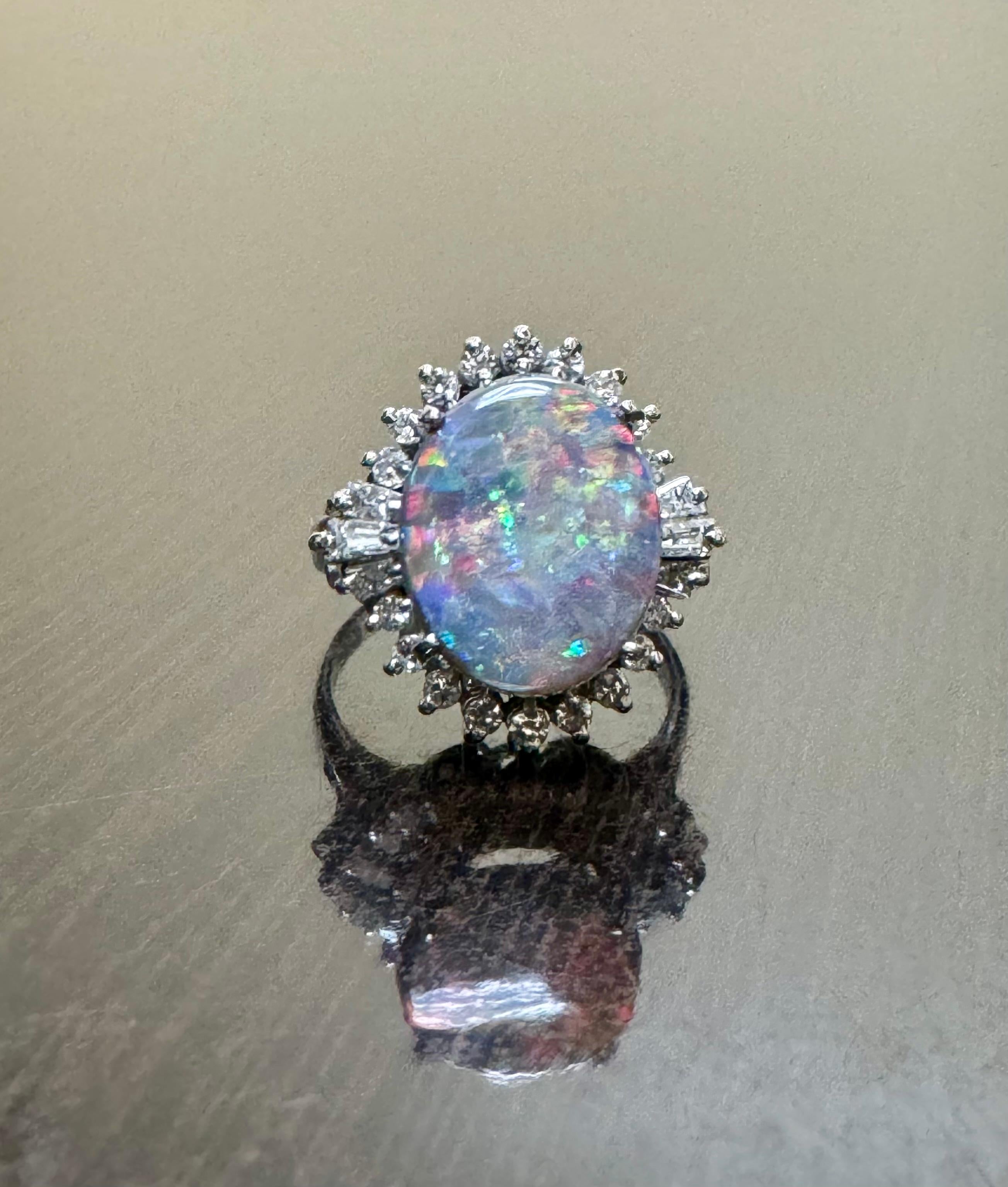 Art Deco Platinum Diamond 3.73 Carat Australian Black Opal Engagement Ring For Sale 5