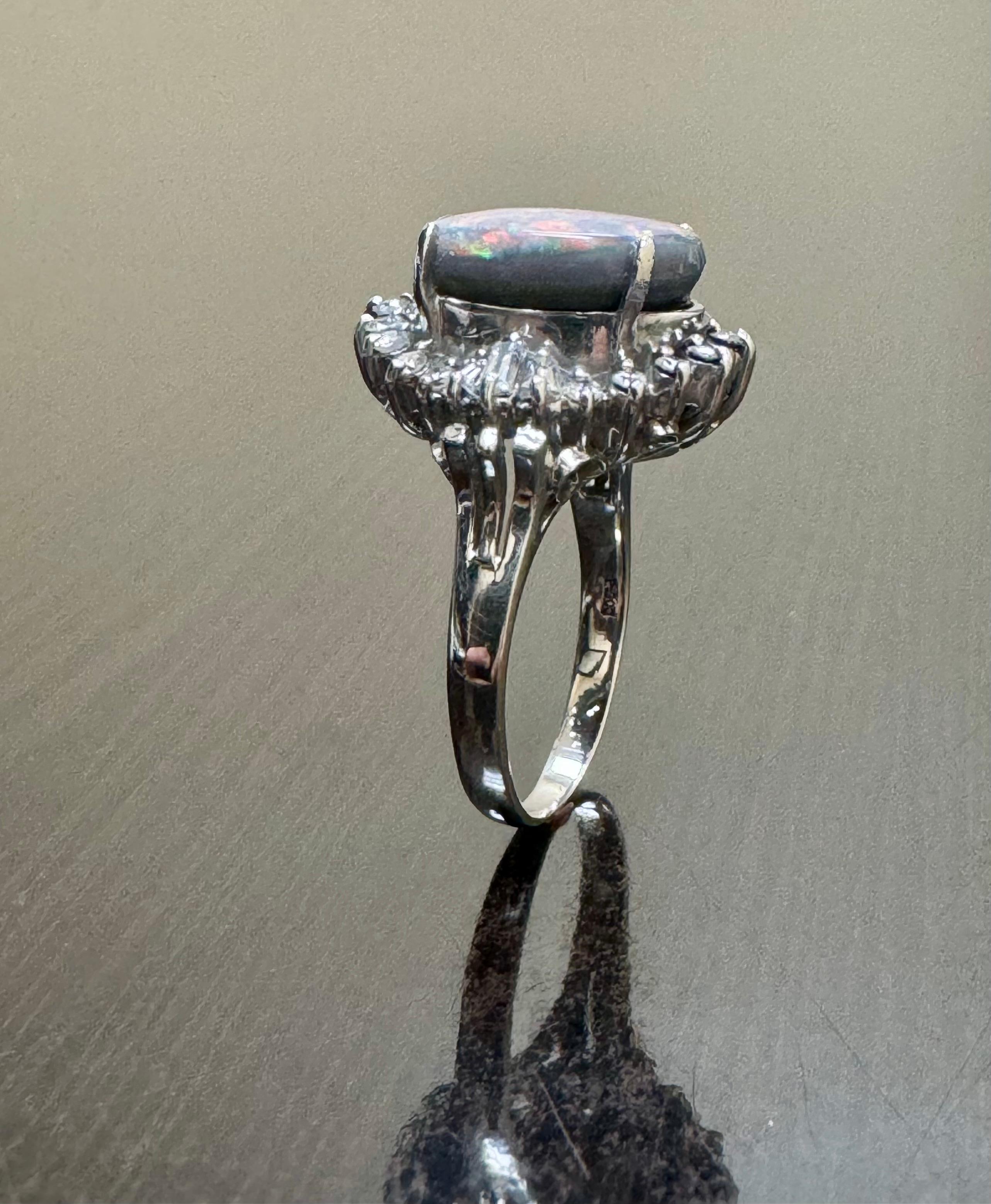 Art Deco Platinum Diamond 3.73 Carat Australian Black Opal Engagement Ring For Sale 6