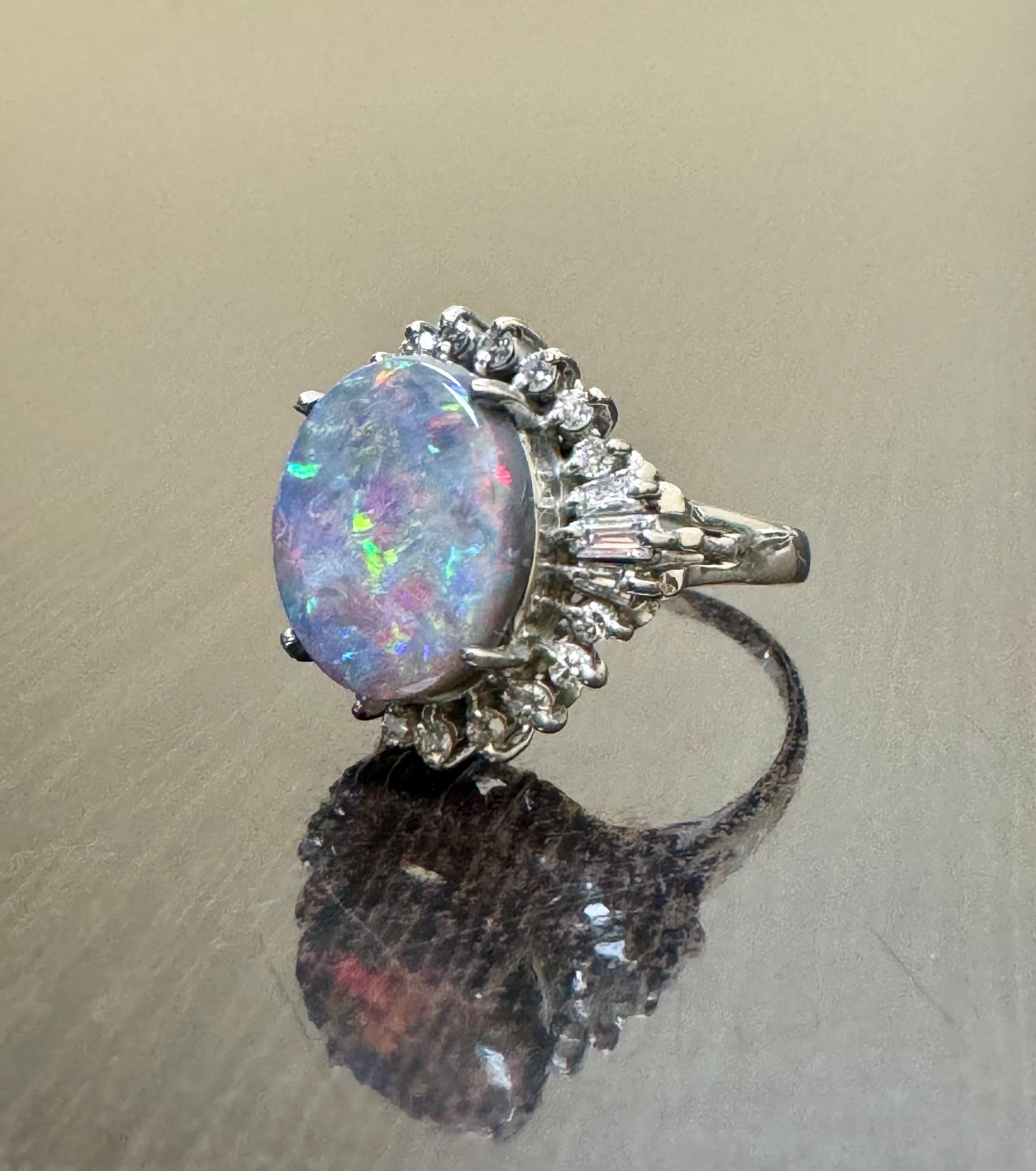 Oval Cut Art Deco Platinum Diamond 3.73 Carat Australian Black Opal Engagement Ring For Sale
