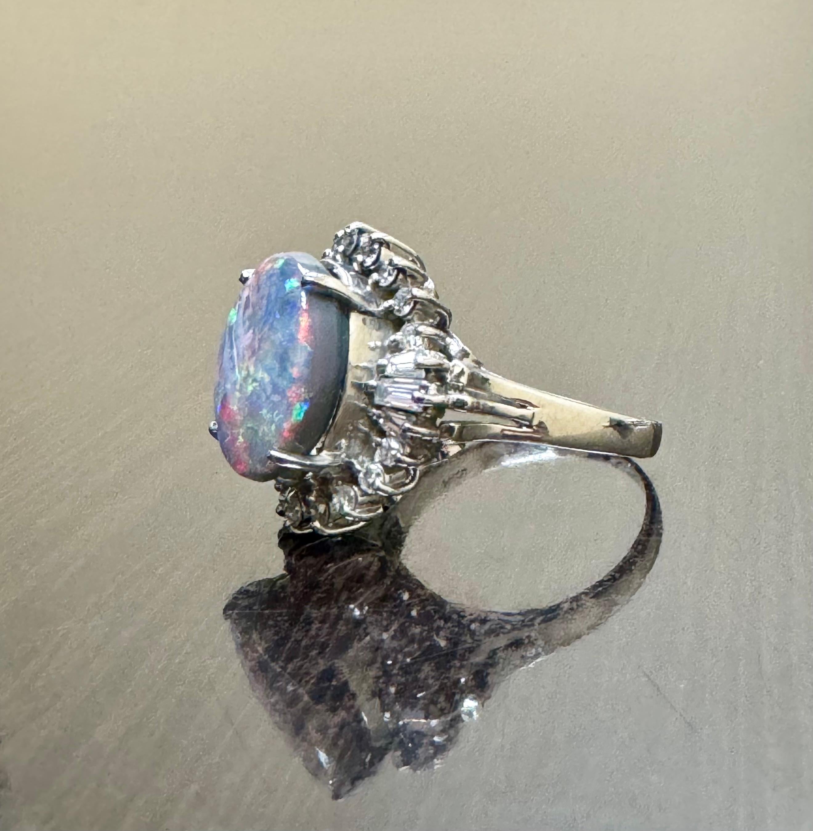 Art Deco Platinum Diamond 3.73 Carat Australian Black Opal Engagement Ring In New Condition For Sale In Los Angeles, CA