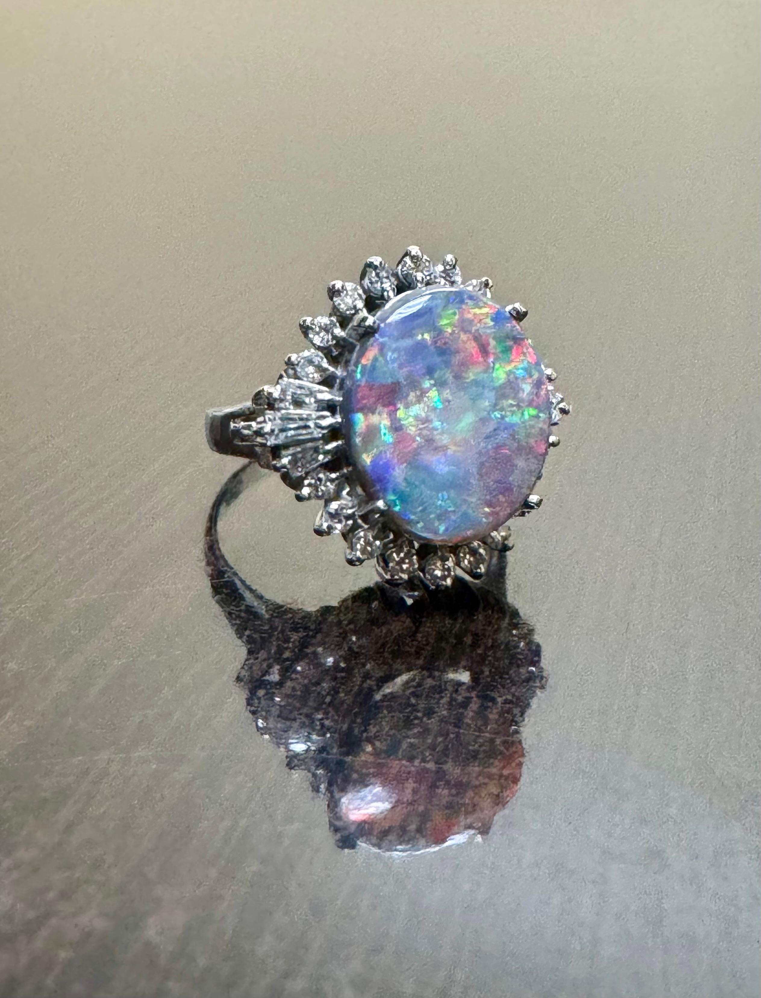 Women's or Men's Art Deco Platinum Diamond 3.73 Carat Australian Black Opal Engagement Ring For Sale