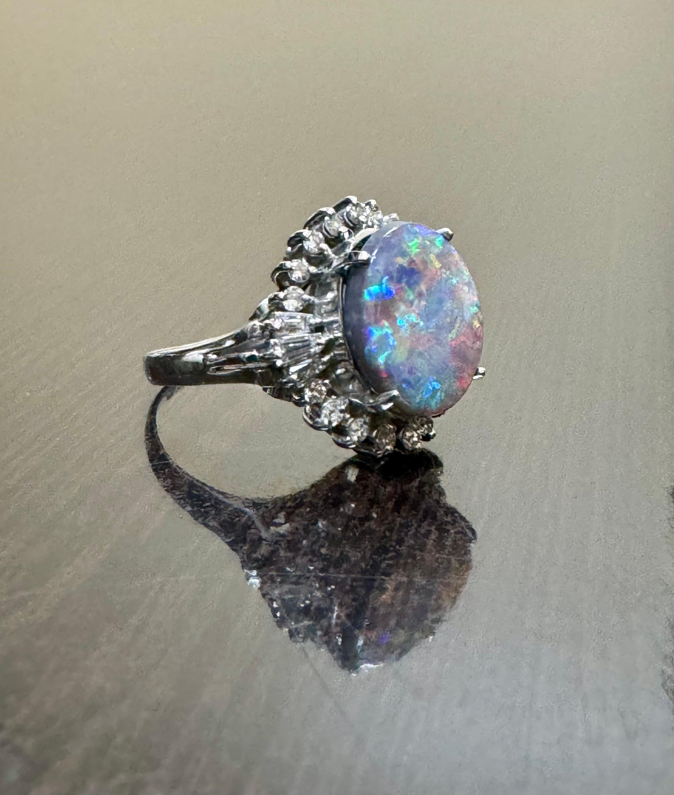 Art Deco Platinum Diamond 3.73 Carat Australian Black Opal Engagement Ring For Sale 1