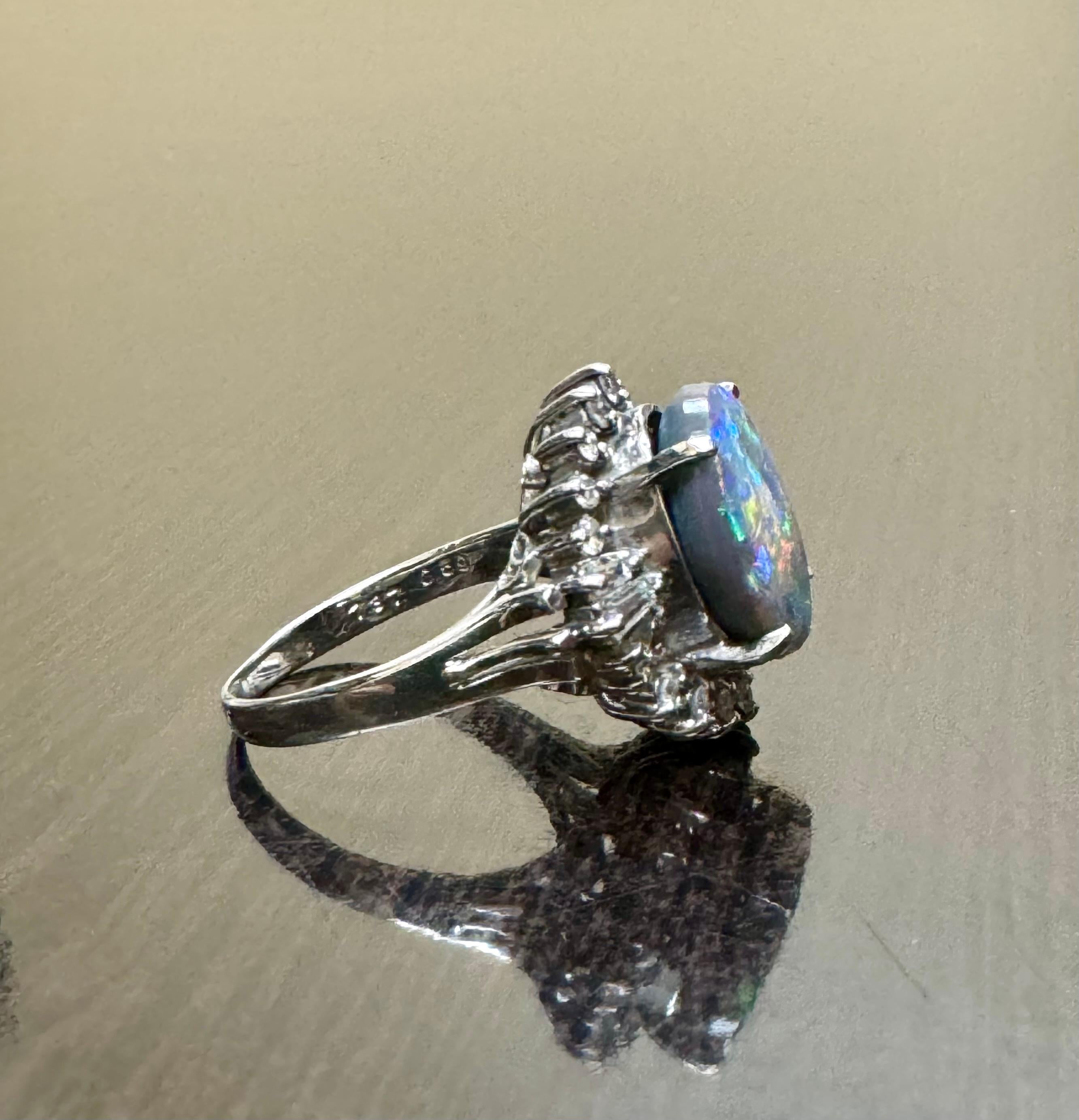 Art Deco Platinum Diamond 3.73 Carat Australian Black Opal Engagement Ring For Sale 2