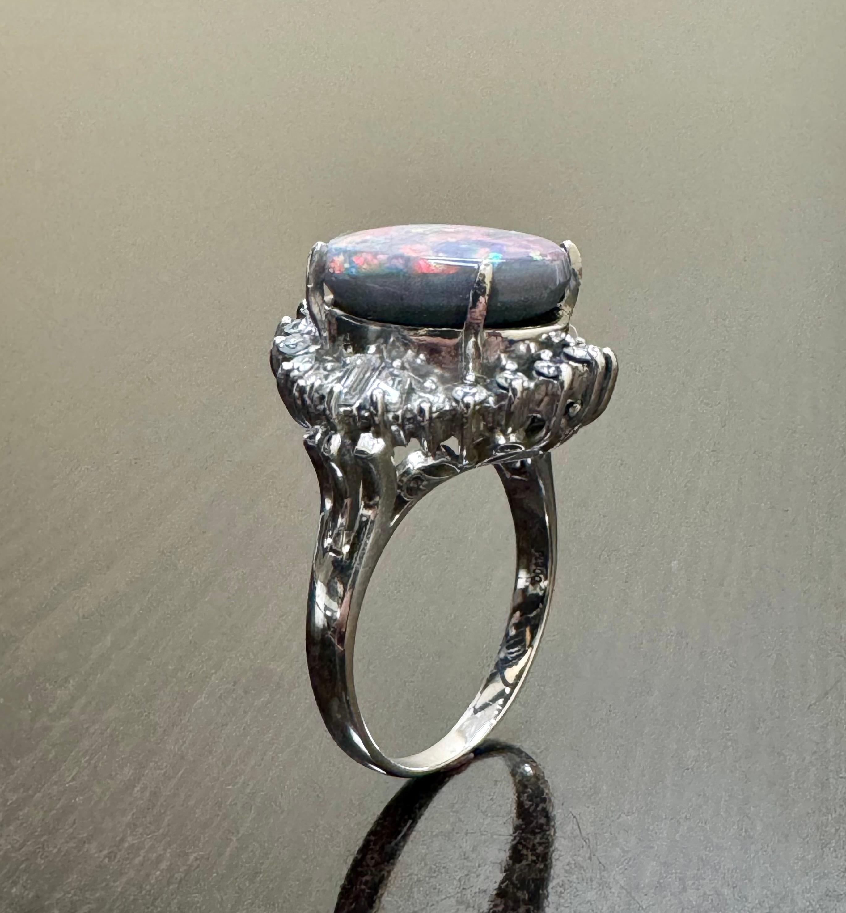 Art Deco Platinum Diamond 3.73 Carat Australian Black Opal Engagement Ring For Sale 3
