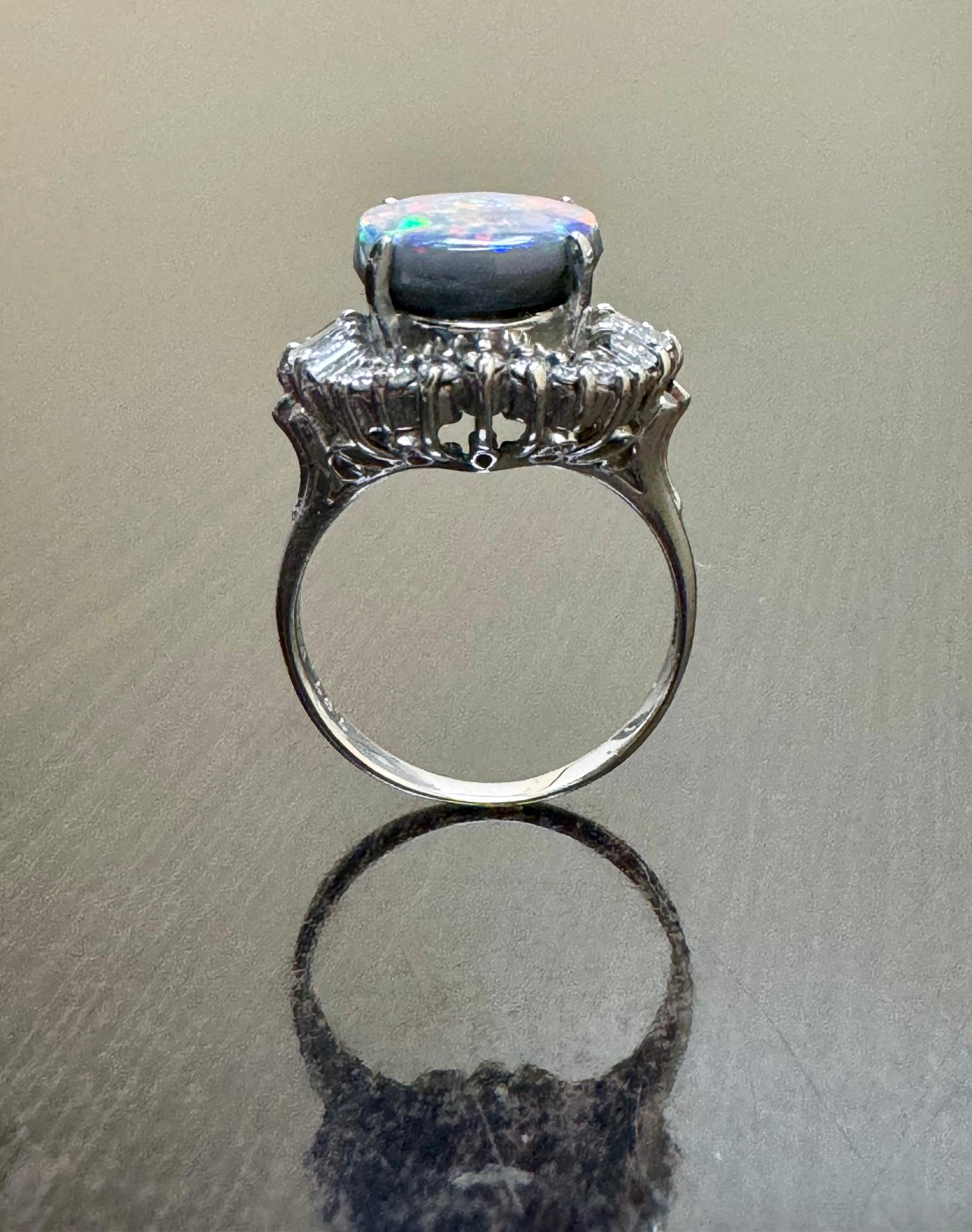 Art Deco Platinum Diamond 3.73 Carat Australian Black Opal Engagement Ring For Sale 4