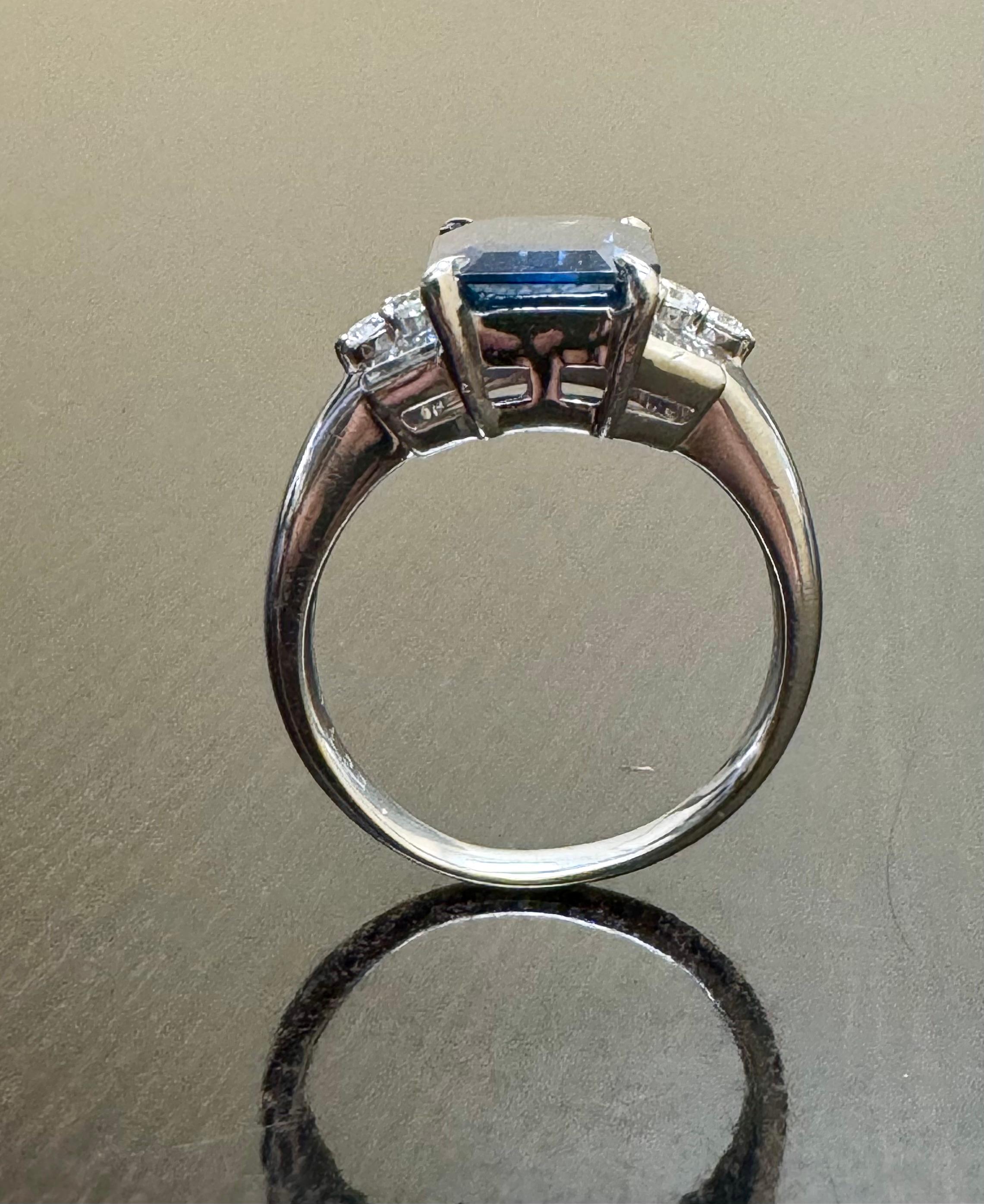 Art Deco Platinum Diamond 4.26 Carat Emerald Cut Blue Sapphire Engagement Ring For Sale 5