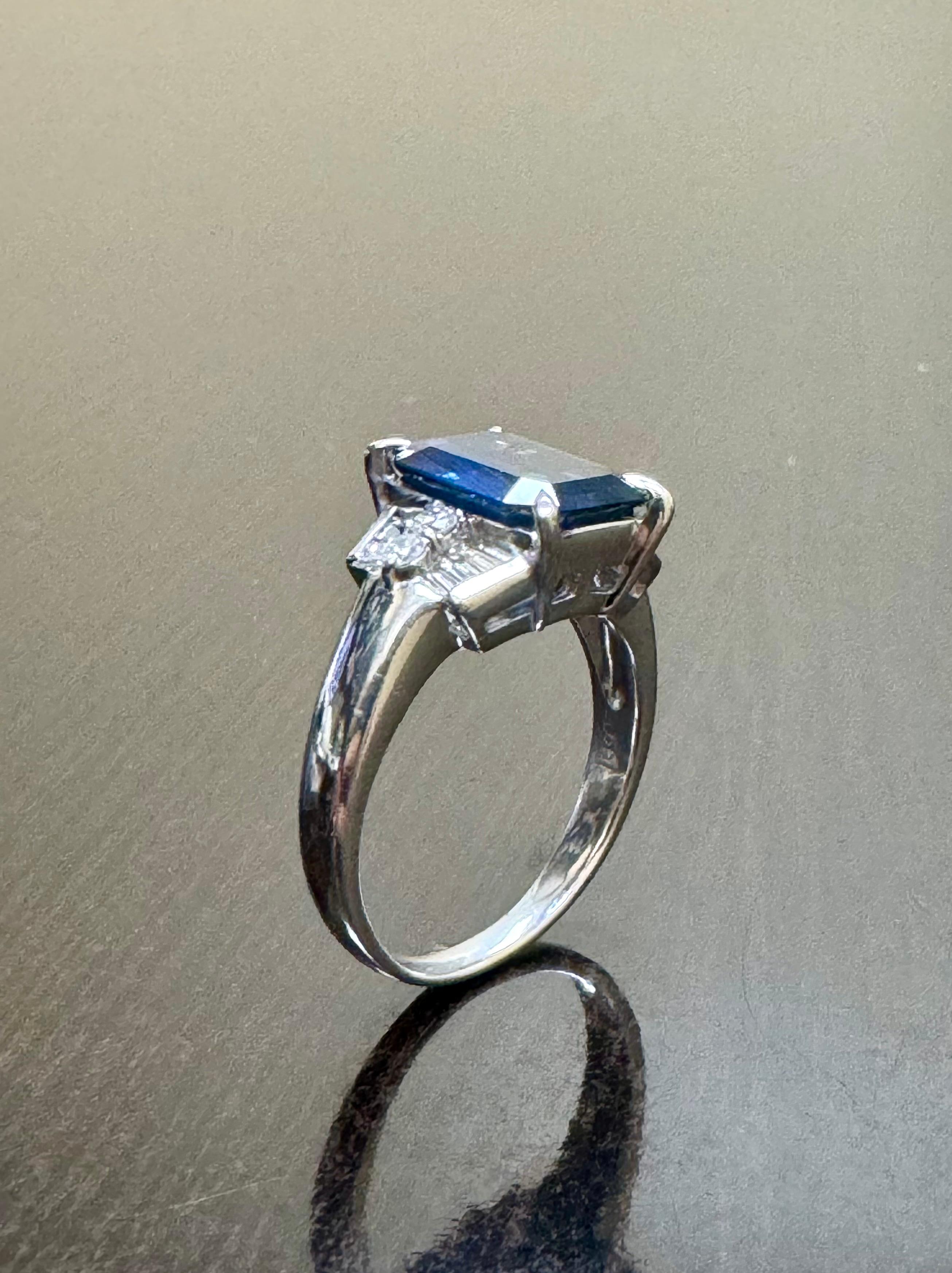 Art Deco Platinum Diamond 4.26 Carat Emerald Cut Blue Sapphire Engagement Ring For Sale 6
