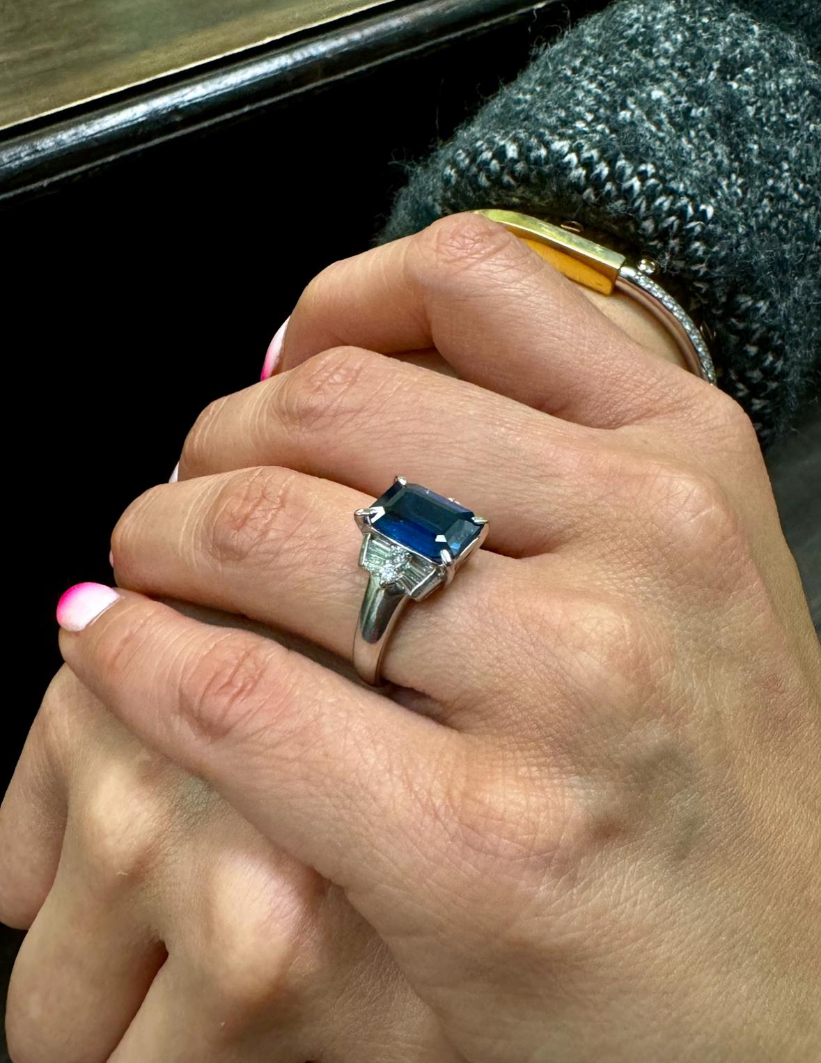 Art Deco Platinum Diamond 4.26 Carat Emerald Cut Blue Sapphire Engagement Ring For Sale 11