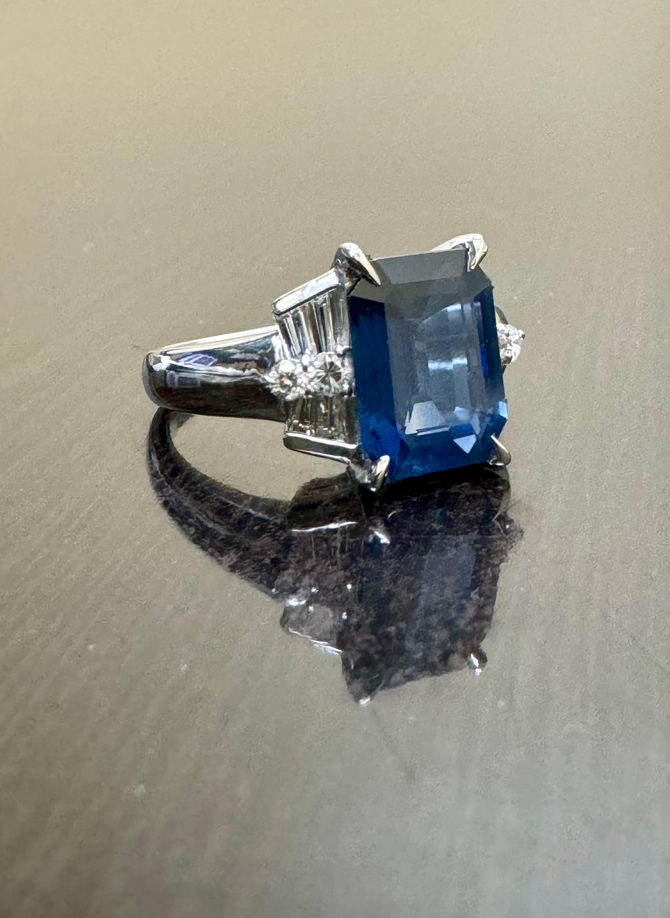 Art Deco Platinum Diamond 4.26 Carat Emerald Cut Blue Sapphire Engagement Ring In New Condition For Sale In Los Angeles, CA