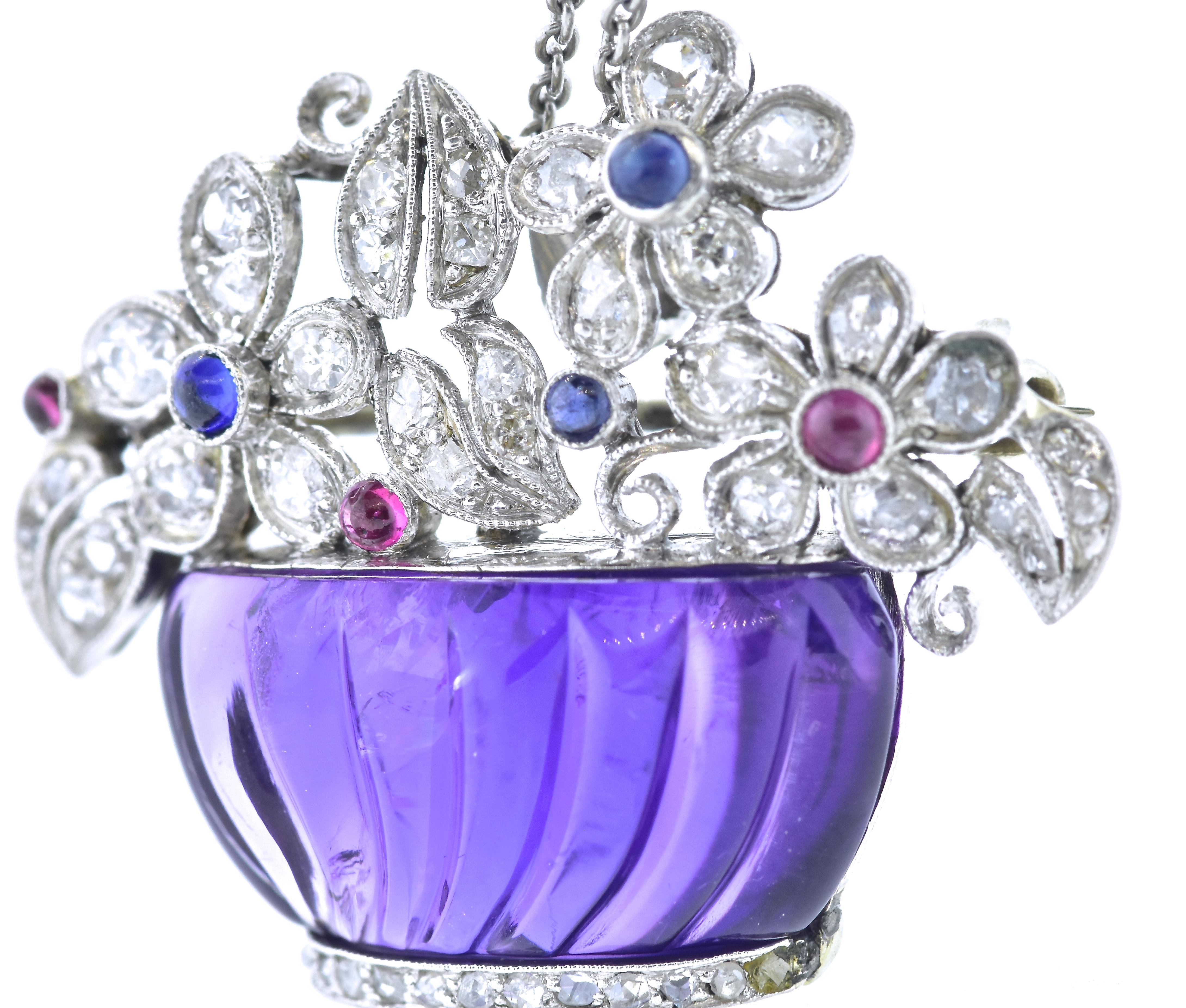 Art Deco Platinum, Diamond, Amethyst, Sapphire and Ruby Pin/Pendant, circa 1925 In Excellent Condition In Aspen, CO