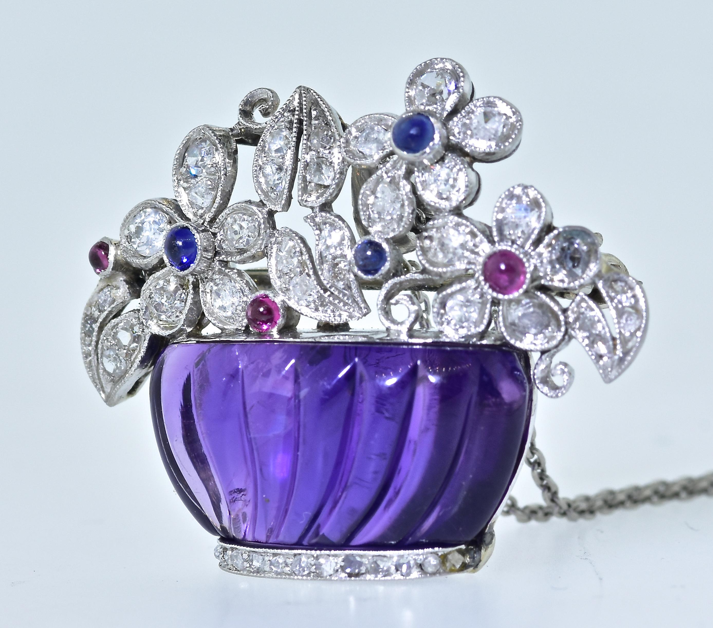 Women's or Men's Art Deco Platinum, Diamond, Amethyst, Sapphire and Ruby Pin/Pendant, circa 1925