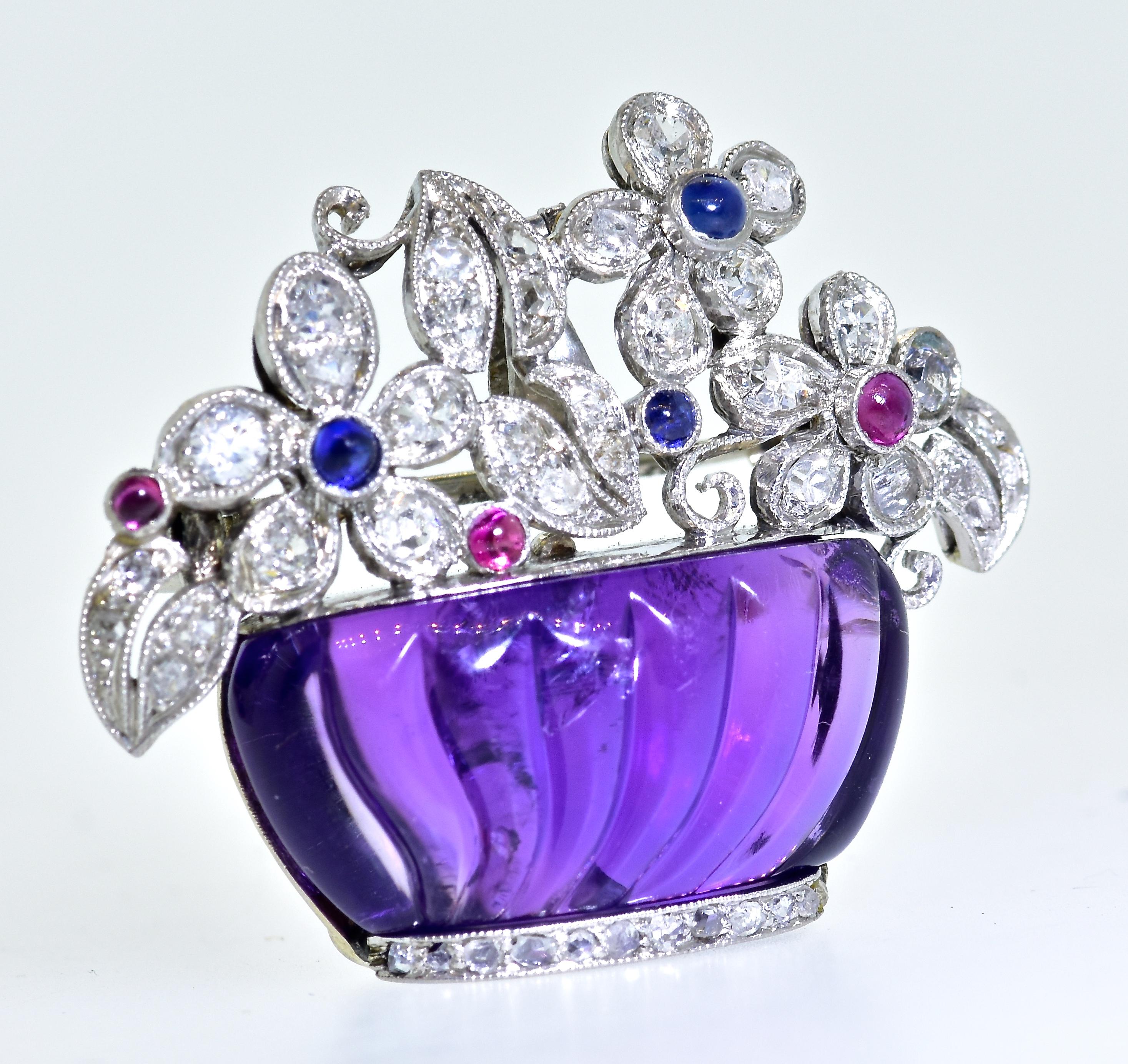 Art Deco Platinum, Diamond, Amethyst, Sapphire and Ruby Pin/Pendant, circa 1925 2