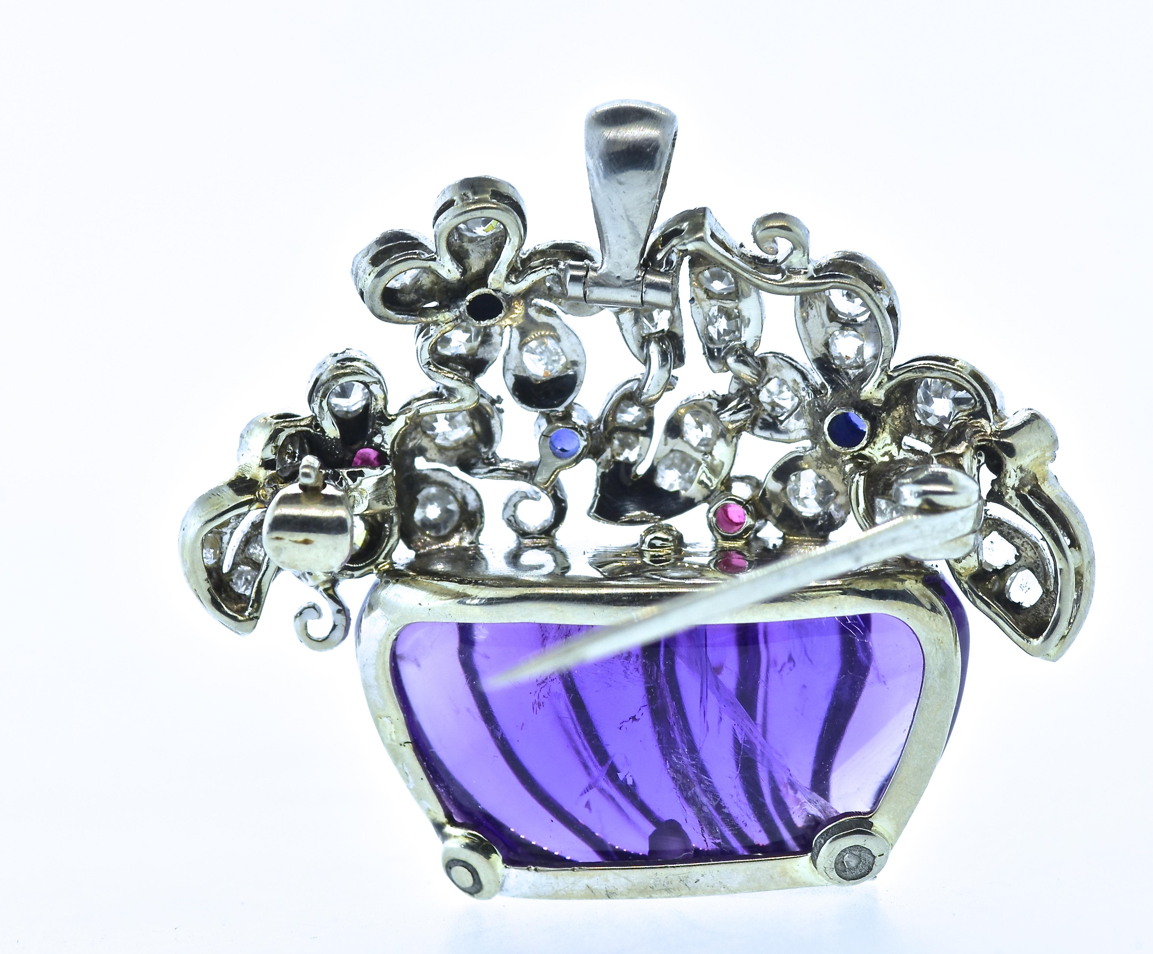 Art Deco Platinum, Diamond, Amethyst, Sapphire and Ruby Pin/Pendant, circa 1925 3