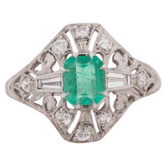 Art Deco Platinum Diamond and .55 Ct Emerald Antique Cocktail Ring