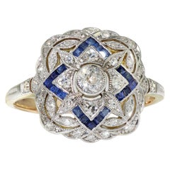 Art Deco Platinum Diamond and Blue Sapphire Ladies Ring