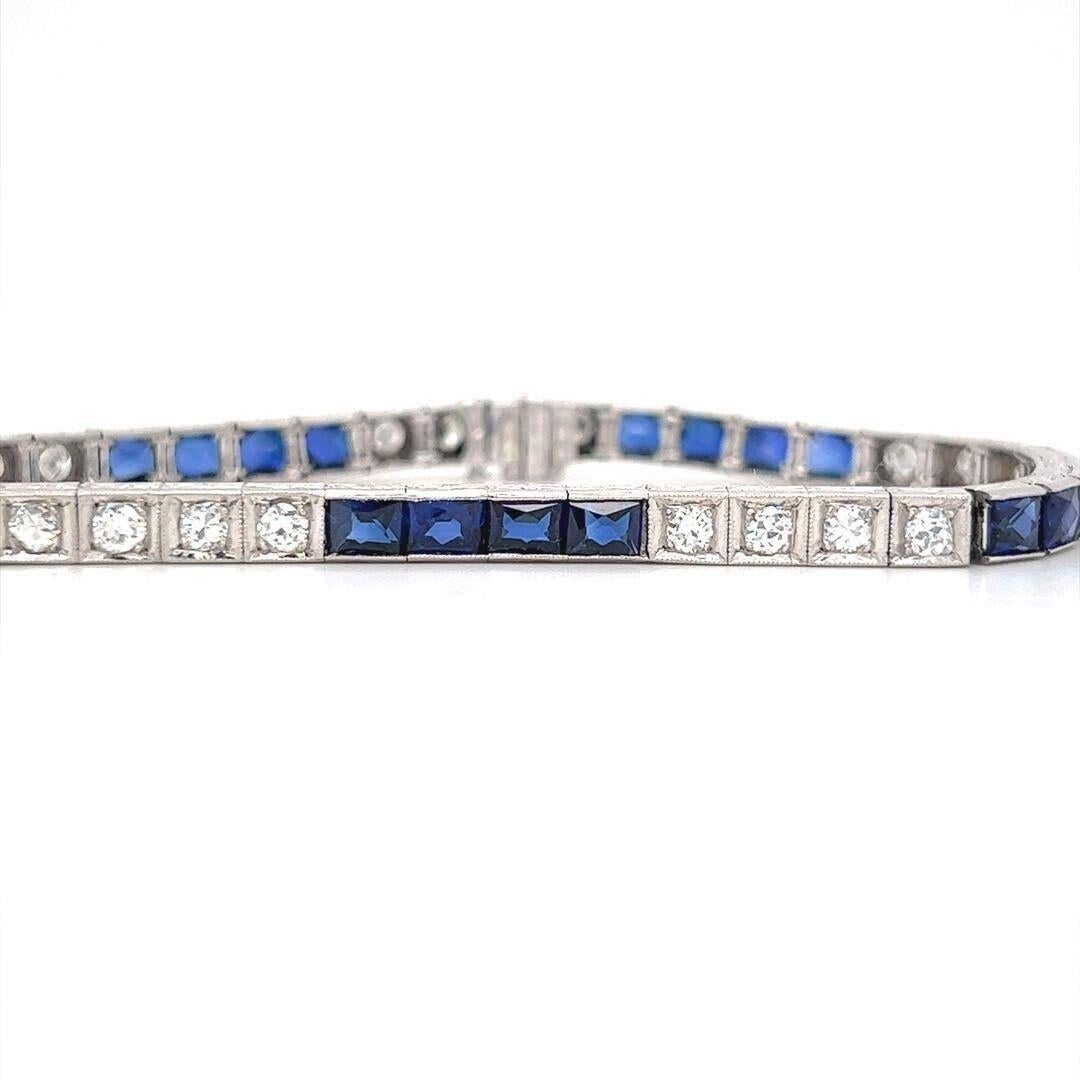 Art Deco Platinum Diamond and Blue Sapphire Tennis Bracelet 7.25