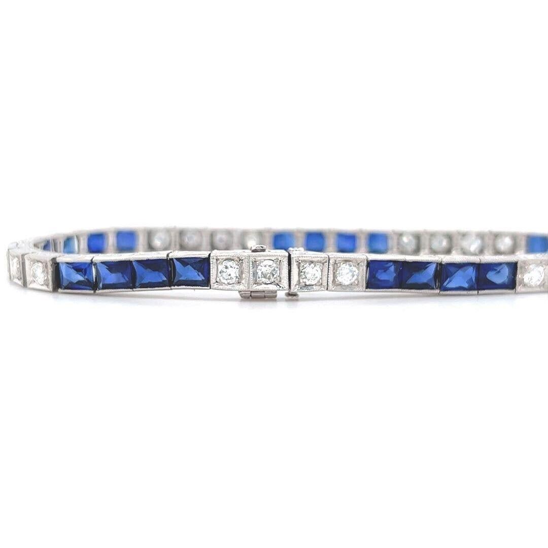 Art Deco Platin-Tennisarmband mit Diamanten und blauen Saphiren für Damen oder Herren