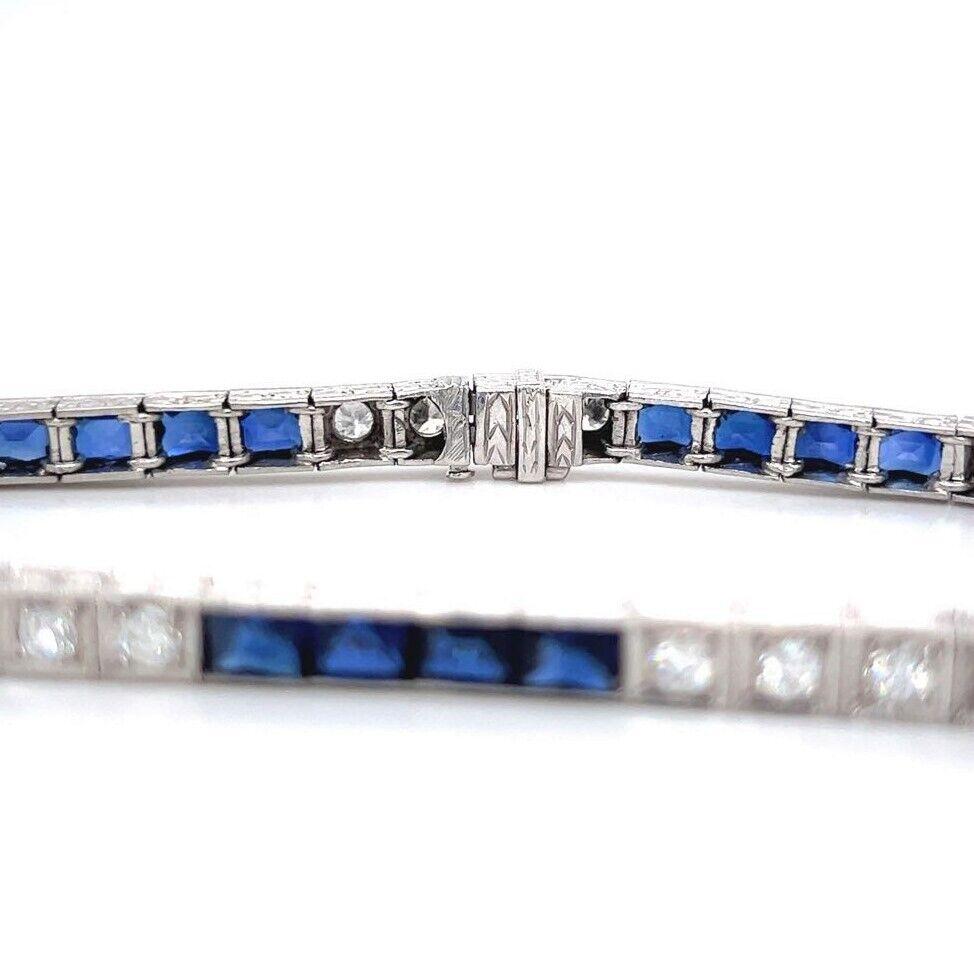 Art Deco Platinum Diamond and Blue Sapphire Tennis Bracelet  In Good Condition In Guilford, CT