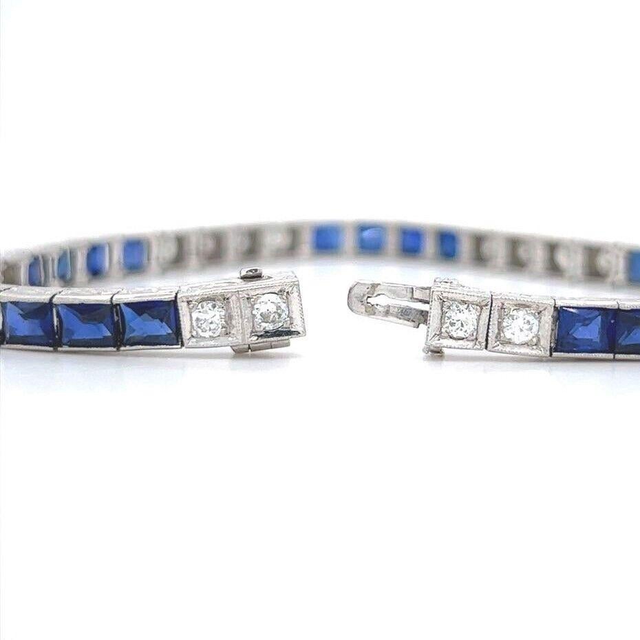 Women's or Men's Art Deco Platinum Diamond and Blue Sapphire Tennis Bracelet 
