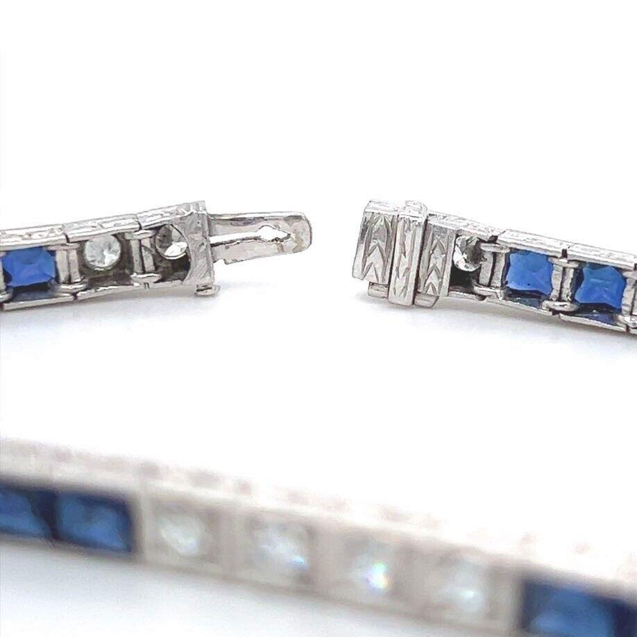 Art Deco Platinum Diamond and Blue Sapphire Tennis Bracelet  1