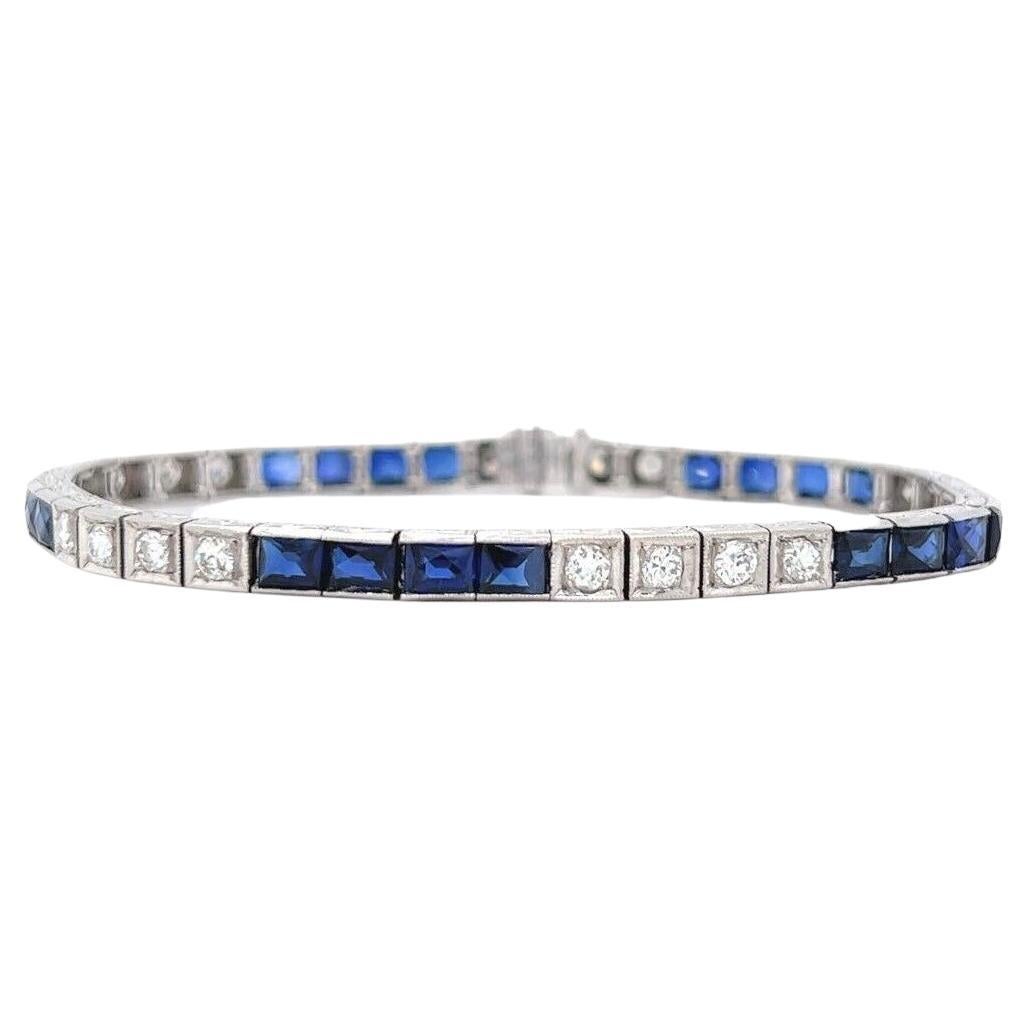 Art Deco Platinum Diamond and Blue Sapphire Tennis Bracelet 
